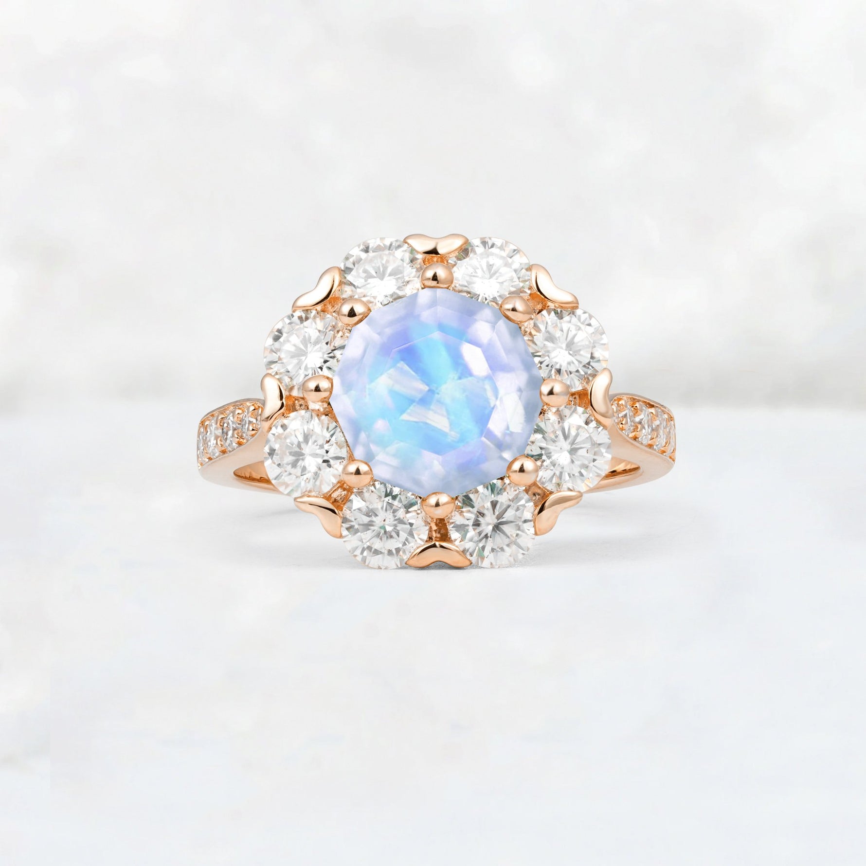 Round Cut Moonstone Floral Halo Engagement Ring - Additional view