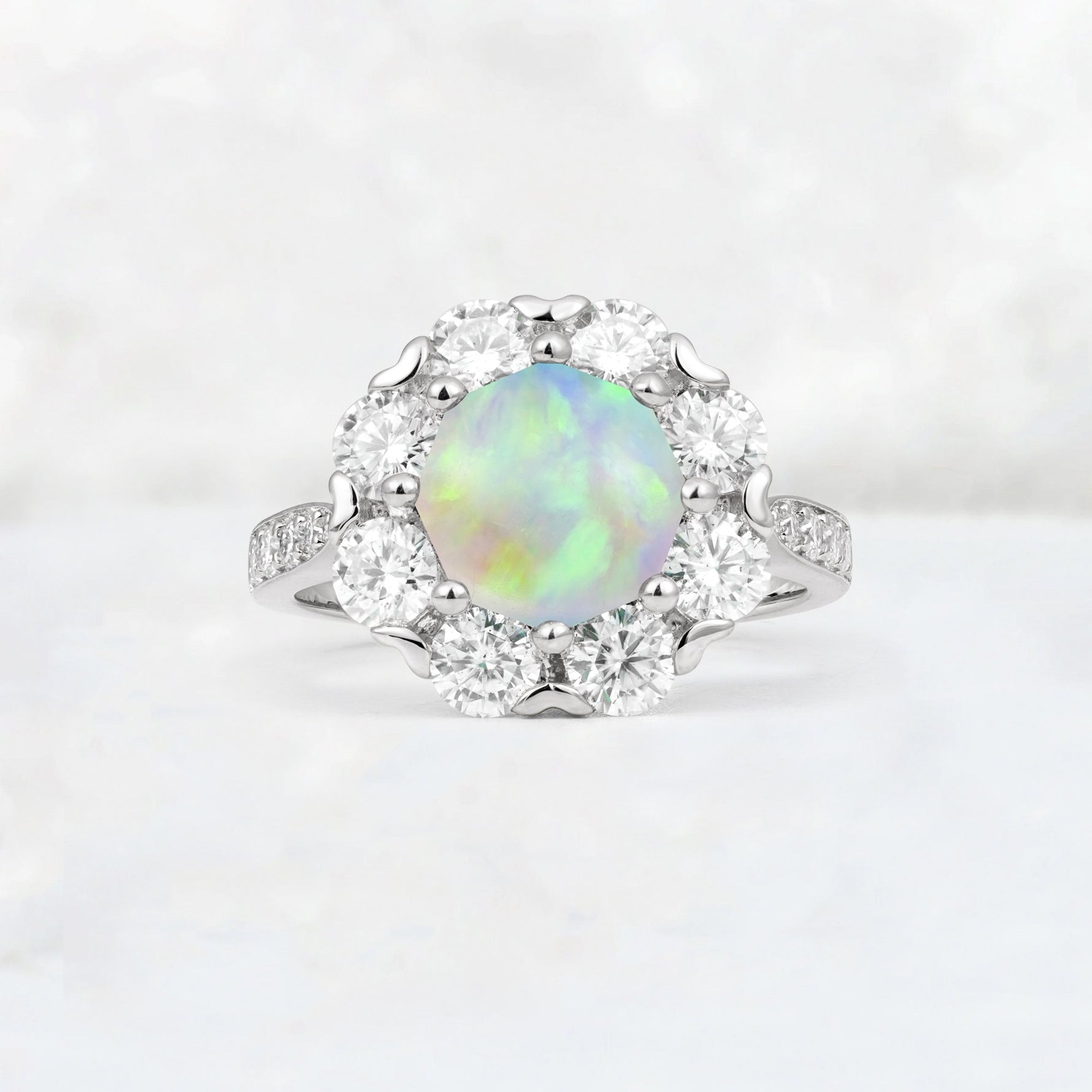 Round Cut Fire Opal Floral Halo Engagement Ring - Additional view