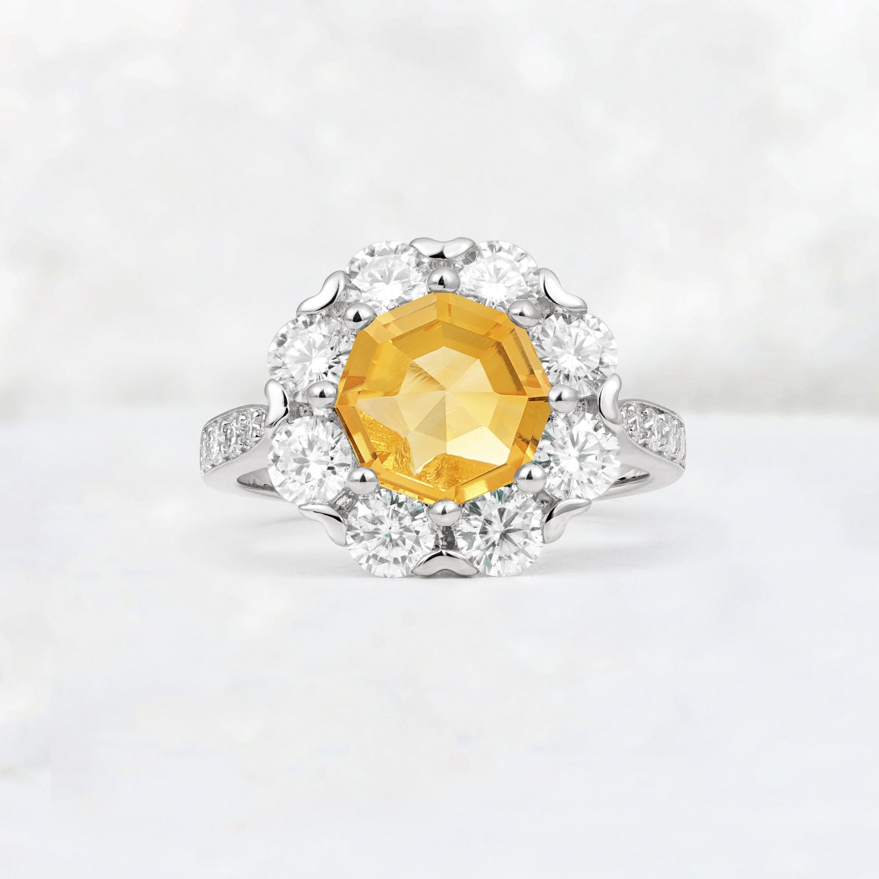 Round Cut Citrine Floral Halo Engagement Ring - Additional view