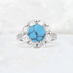 Round Cut Turquoise Floral Halo Engagement Ring - Additional view