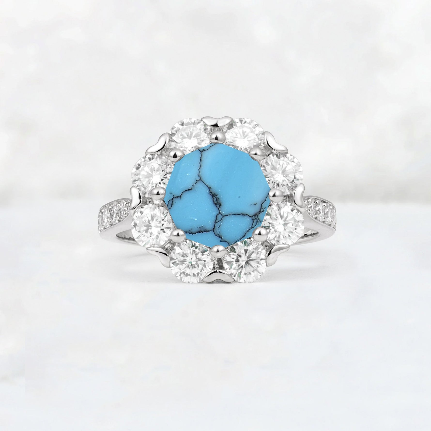 Round Cut Turquoise Floral Halo Engagement Ring - Additional view