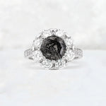 Round Cut Black Rutilated Quartz Floral Halo Engagement Ring - Additional view