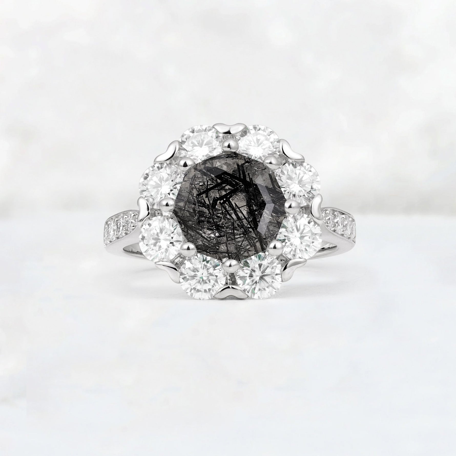 Round Cut Black Rutilated Quartz Floral Halo Engagement Ring - Additional view
