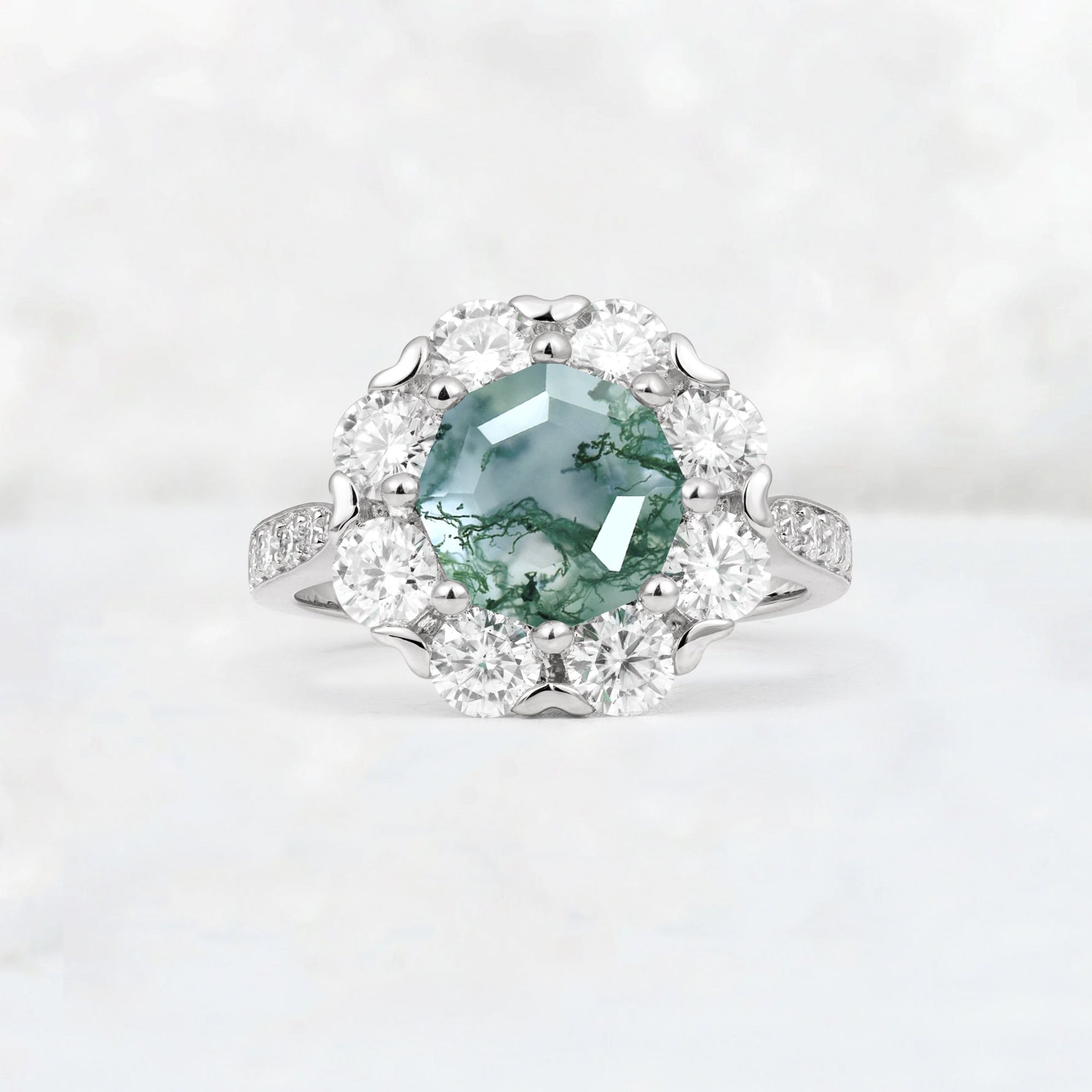 Round Cut Moss Agate Floral Halo Engagement Ring - Additional view