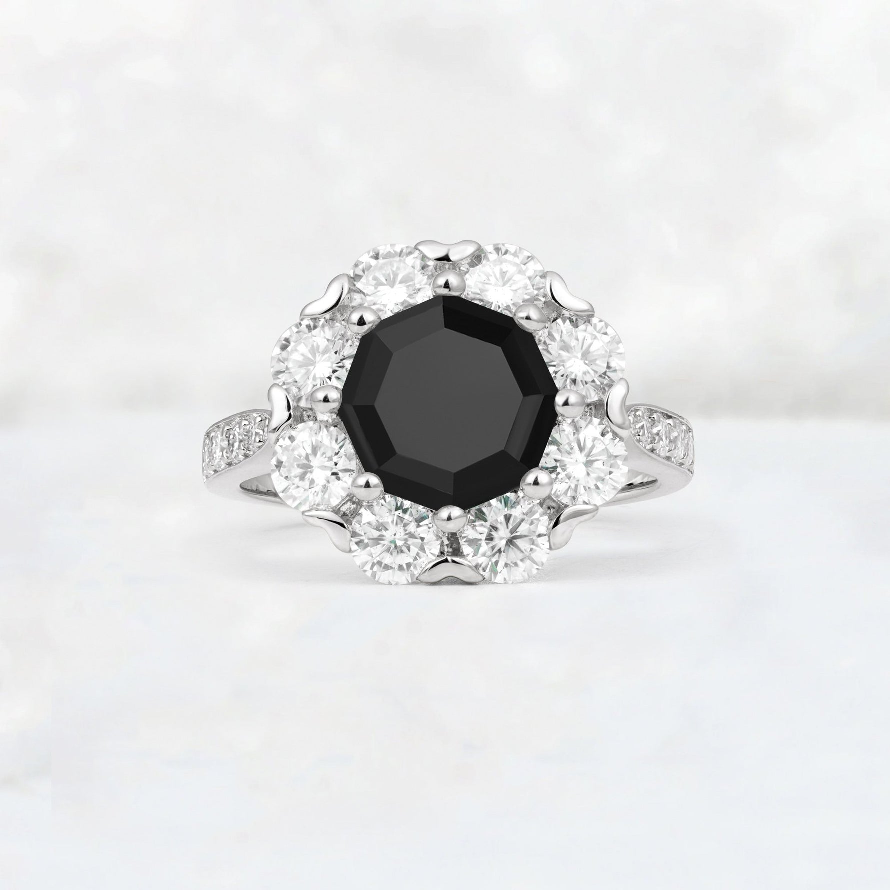 Round Cut Black Onyx Floral Halo Engagement Ring - Additional view