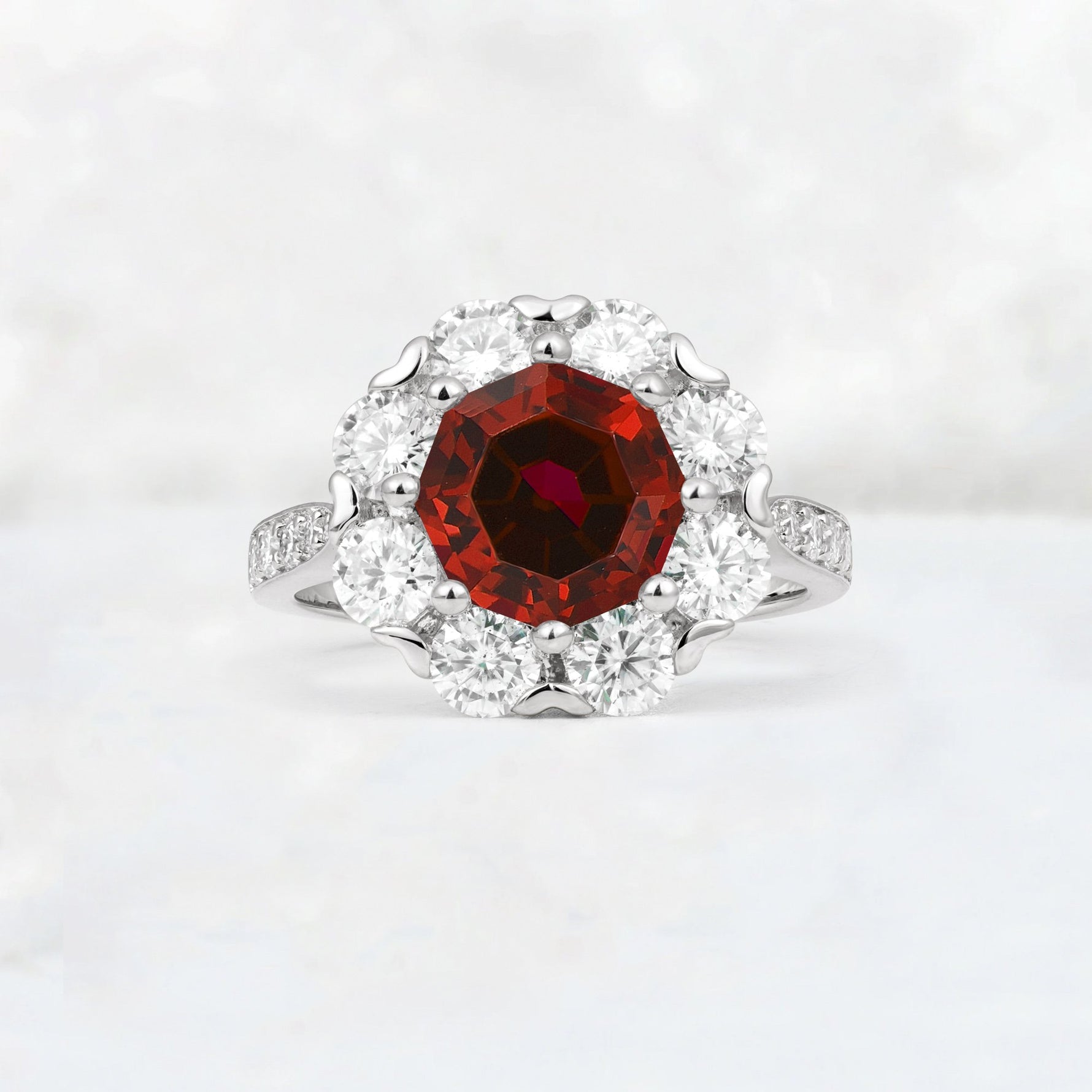 Round Cut Garnet Floral Halo Engagement Ring - Additional view