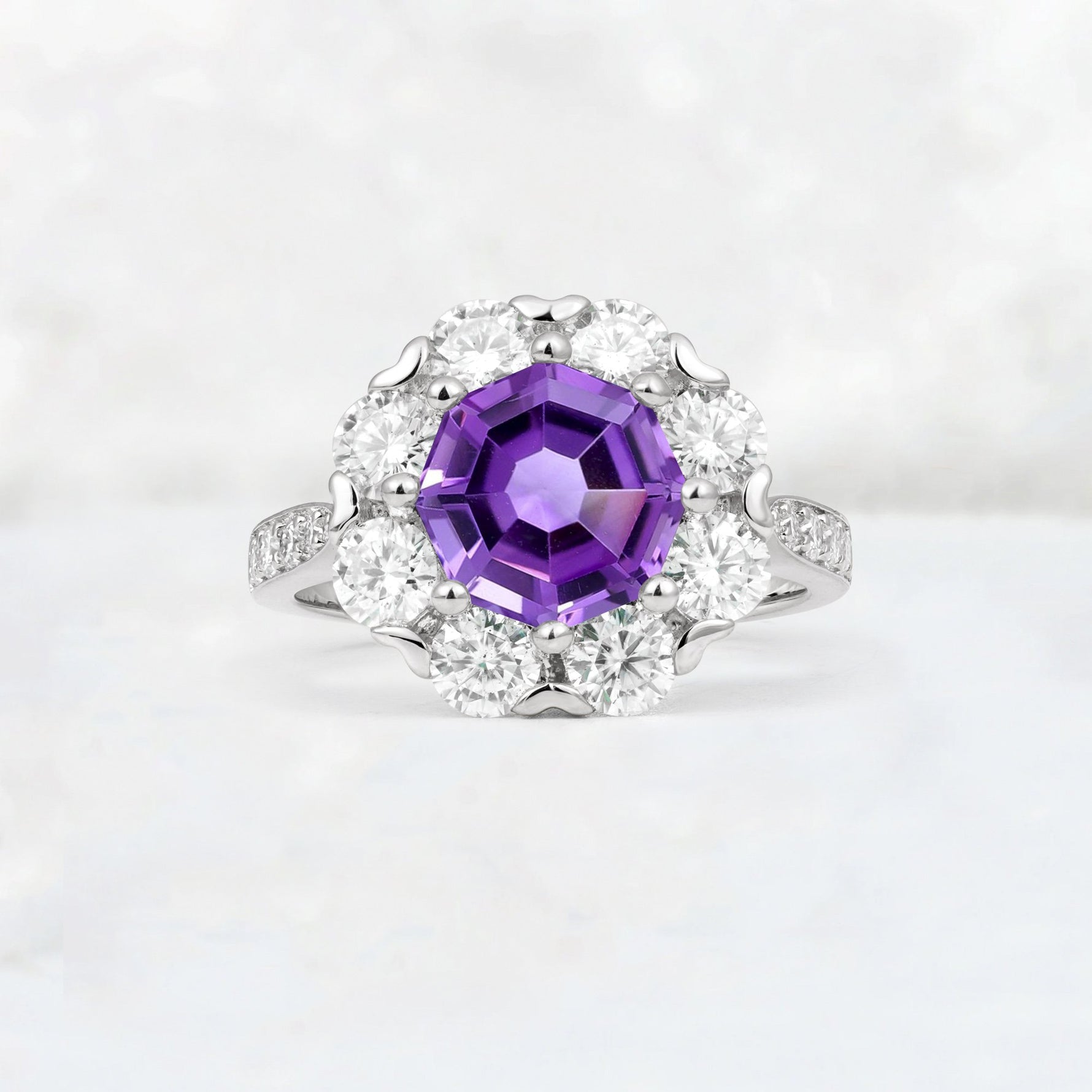 Round Cut Amethyst Floral Halo Engagement Ring - Additional view