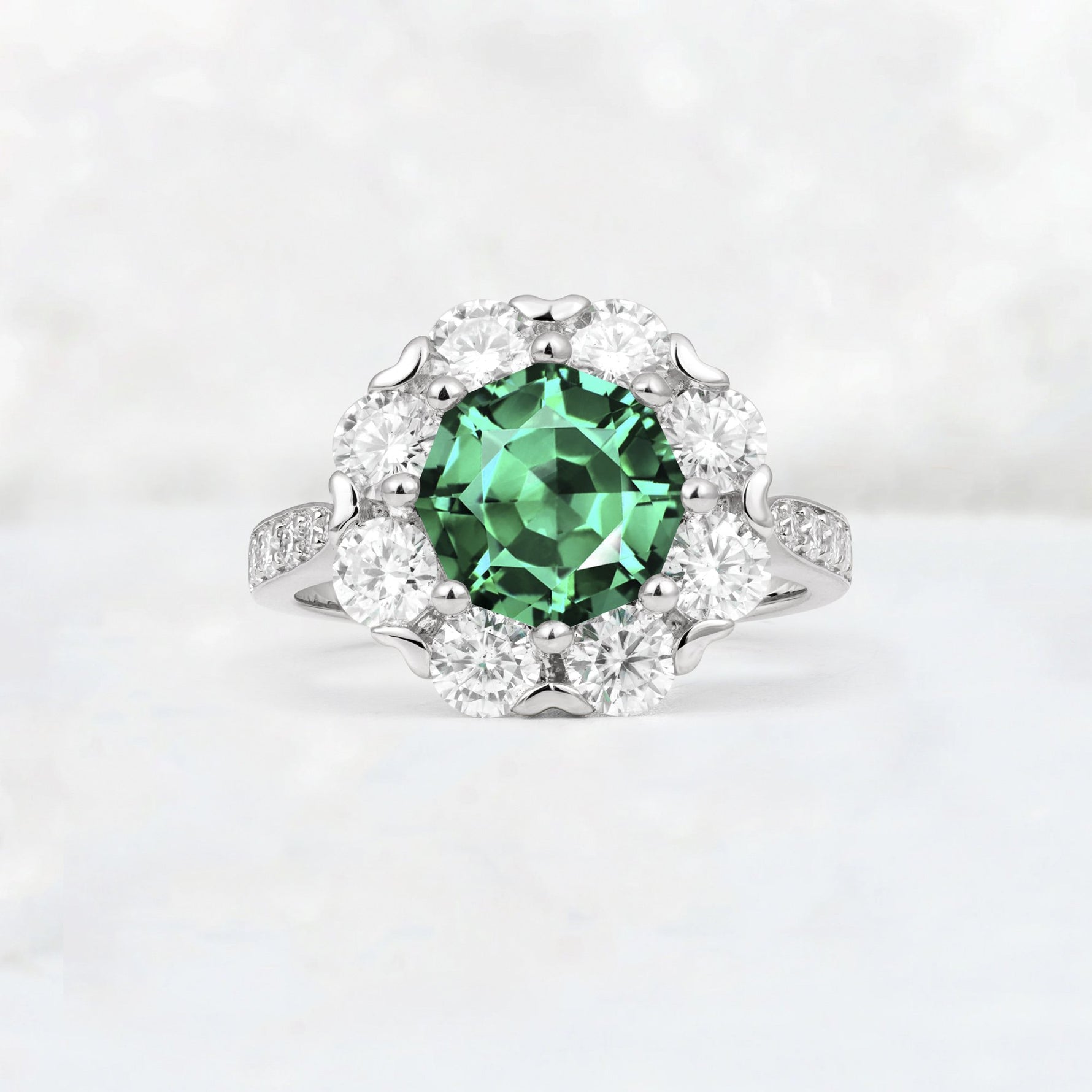 Round Cut Emerald Floral Halo Engagement Ring - Additional view