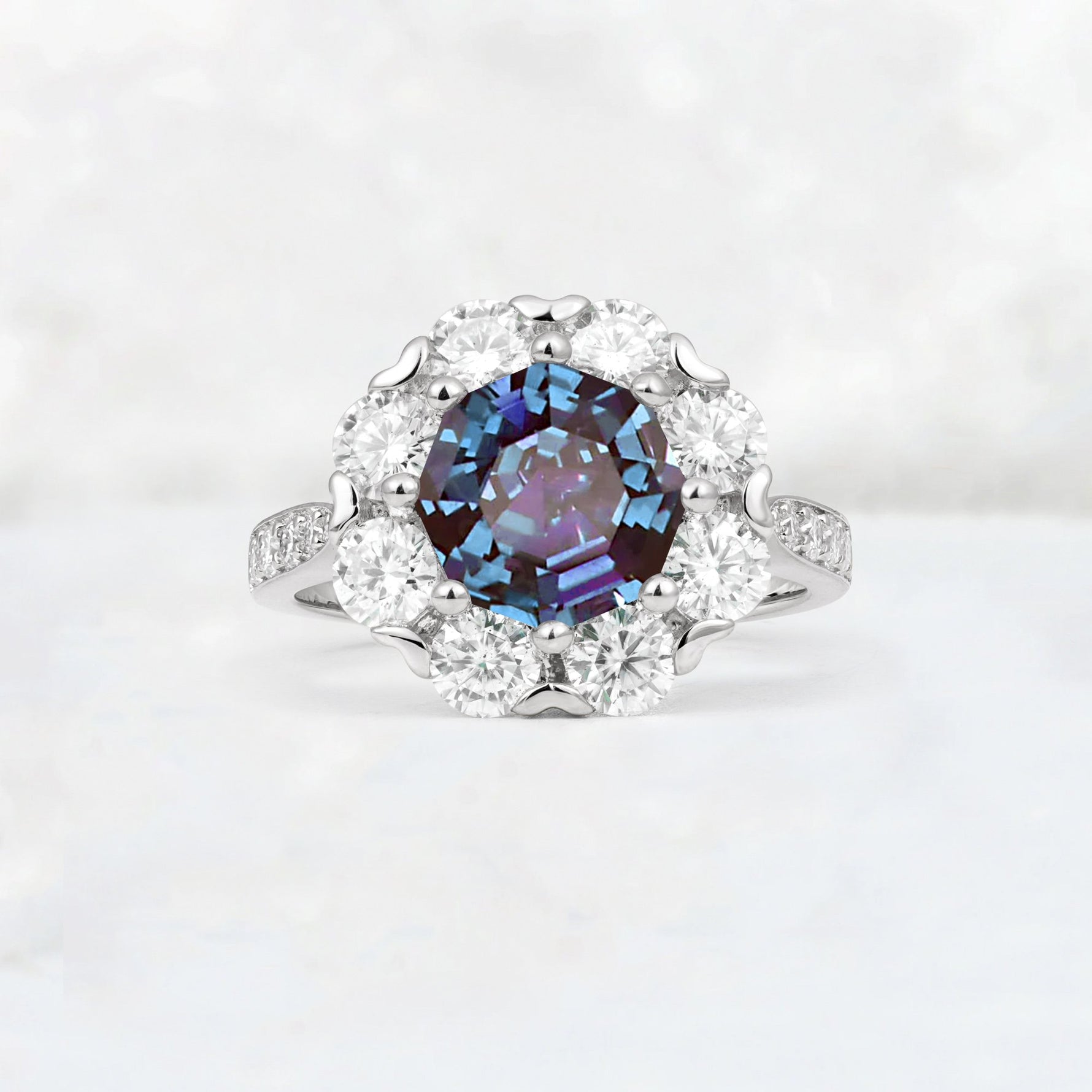 Round Cut Alexandrite Floral Halo Engagement Ring - Additional view