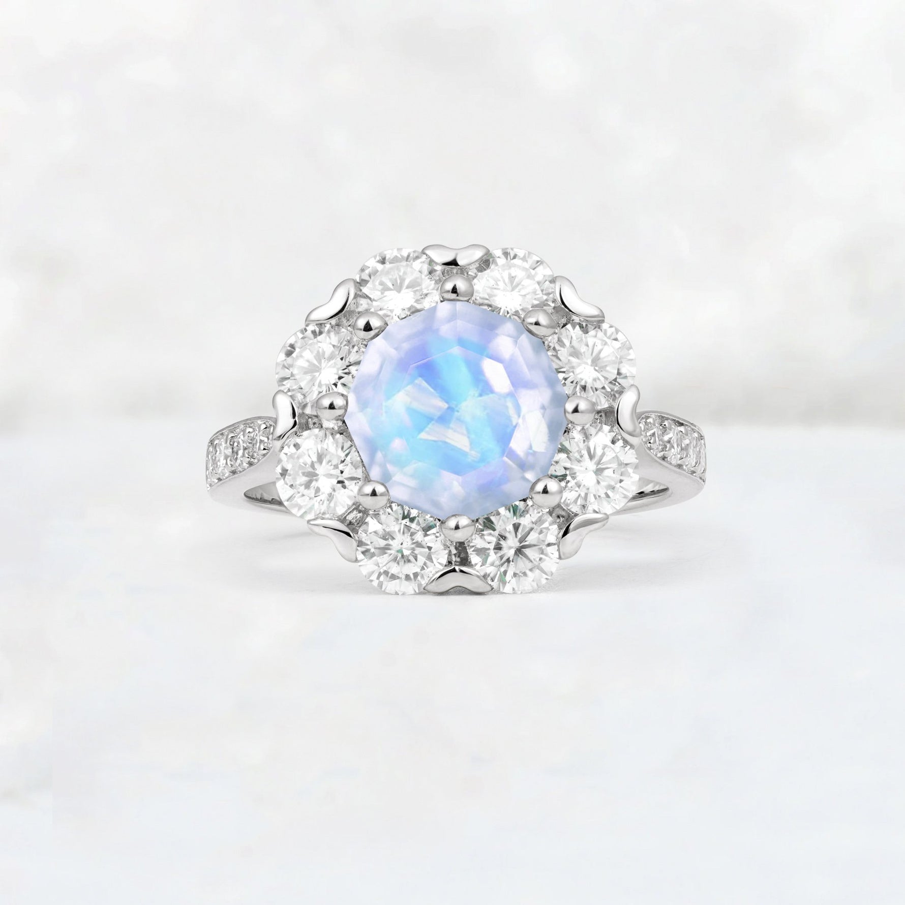 Round Cut Moonstone Floral Halo Engagement Ring - Additional view