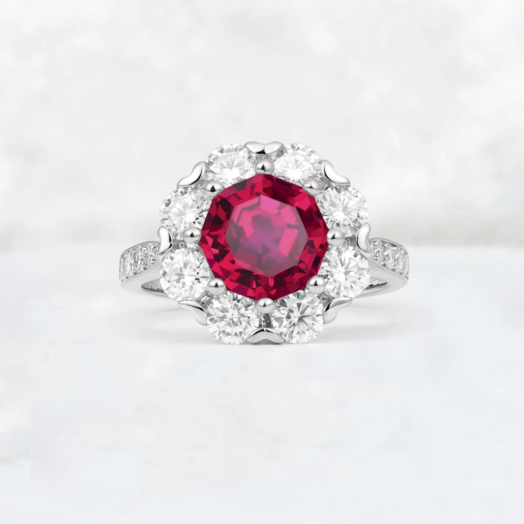 Round Cut Ruby Floral Halo Engagement Ring - Additional view
