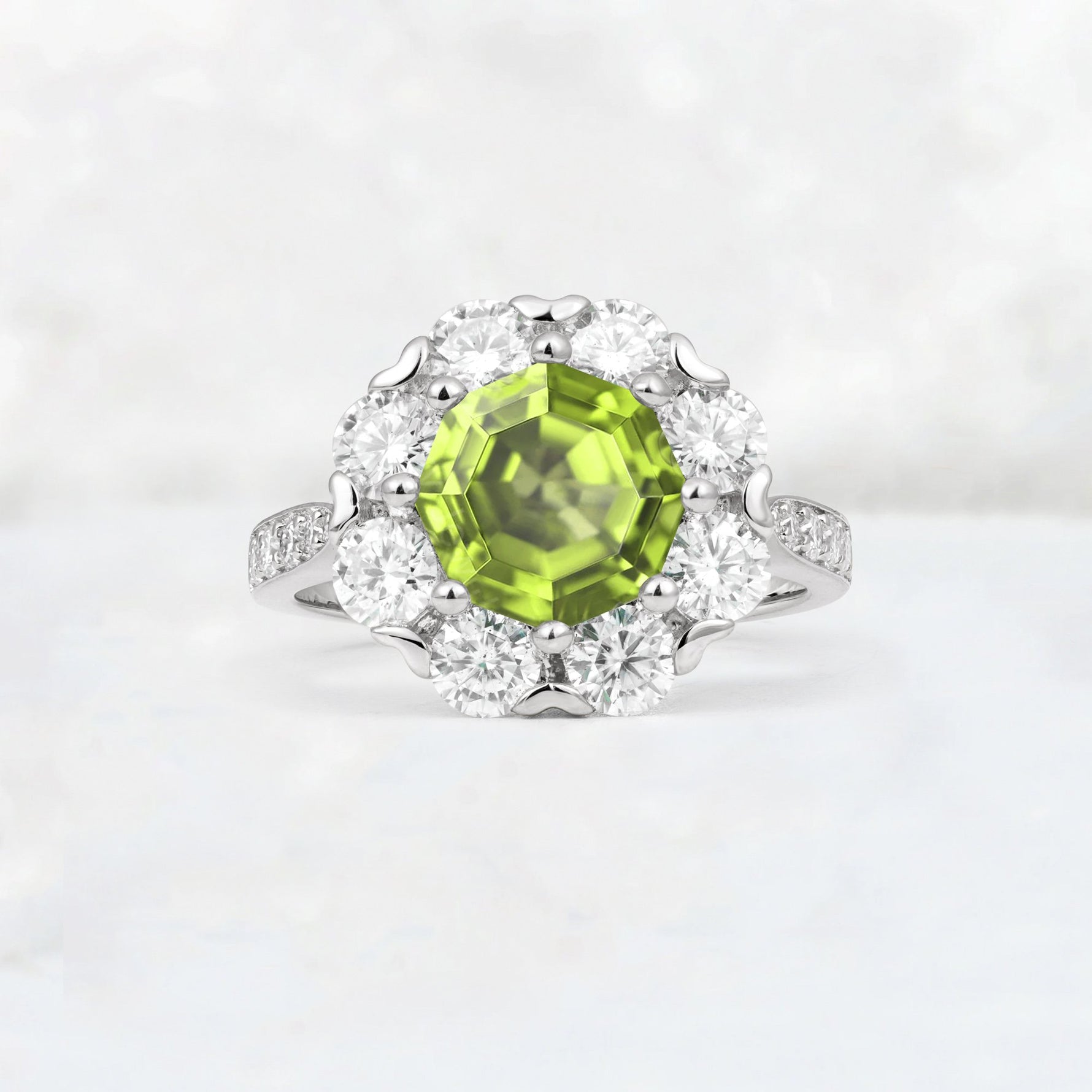 Round Cut Peridot Floral Halo Engagement Ring - Additional view