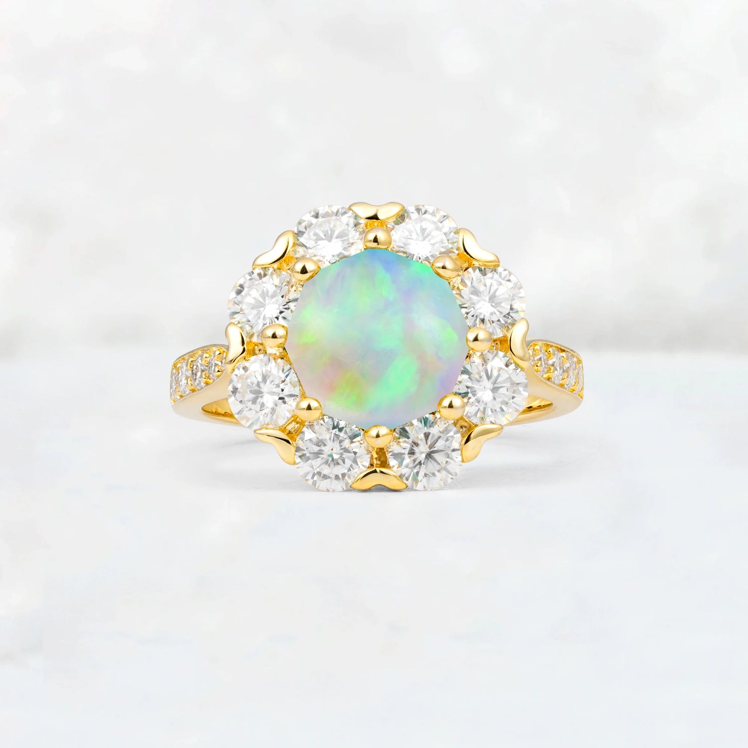 Round Cut Fire Opal Floral Halo Engagement Ring