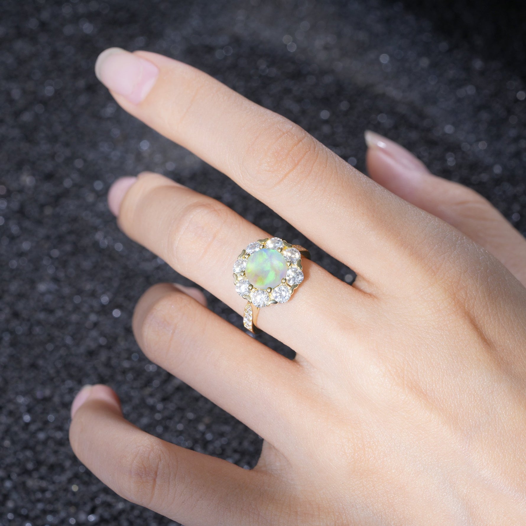 Round Cut Fire Opal Floral Halo Engagement Ring - Additional view