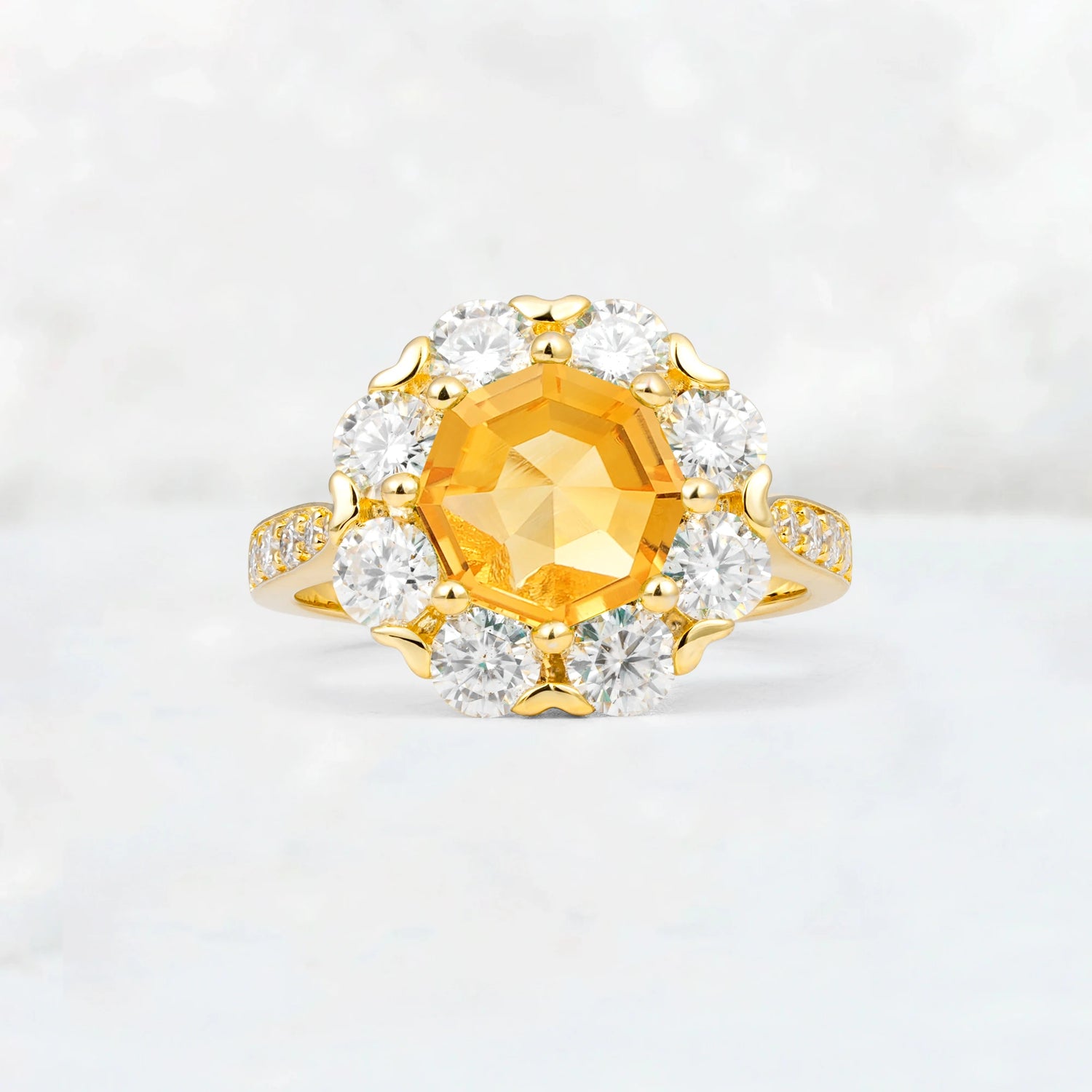 Round Cut Citrine Floral Halo Engagement Ring
