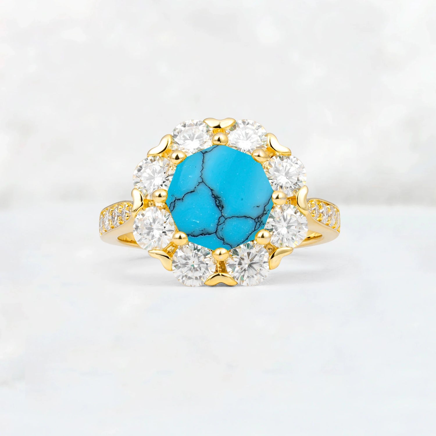 Round Cut Turquoise Floral Halo Engagement Ring