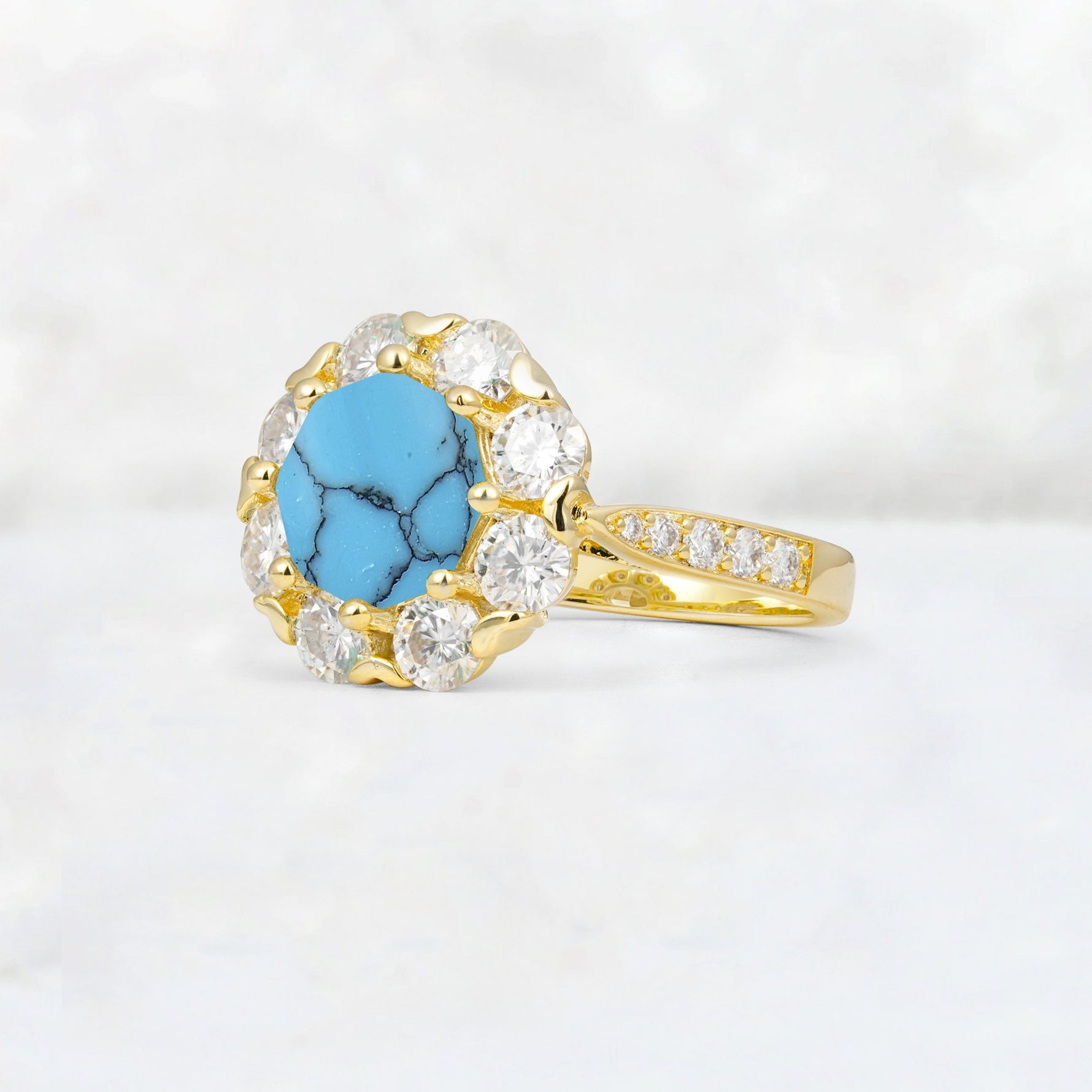 Round Cut Turquoise Floral Halo Engagement Ring - Additional view