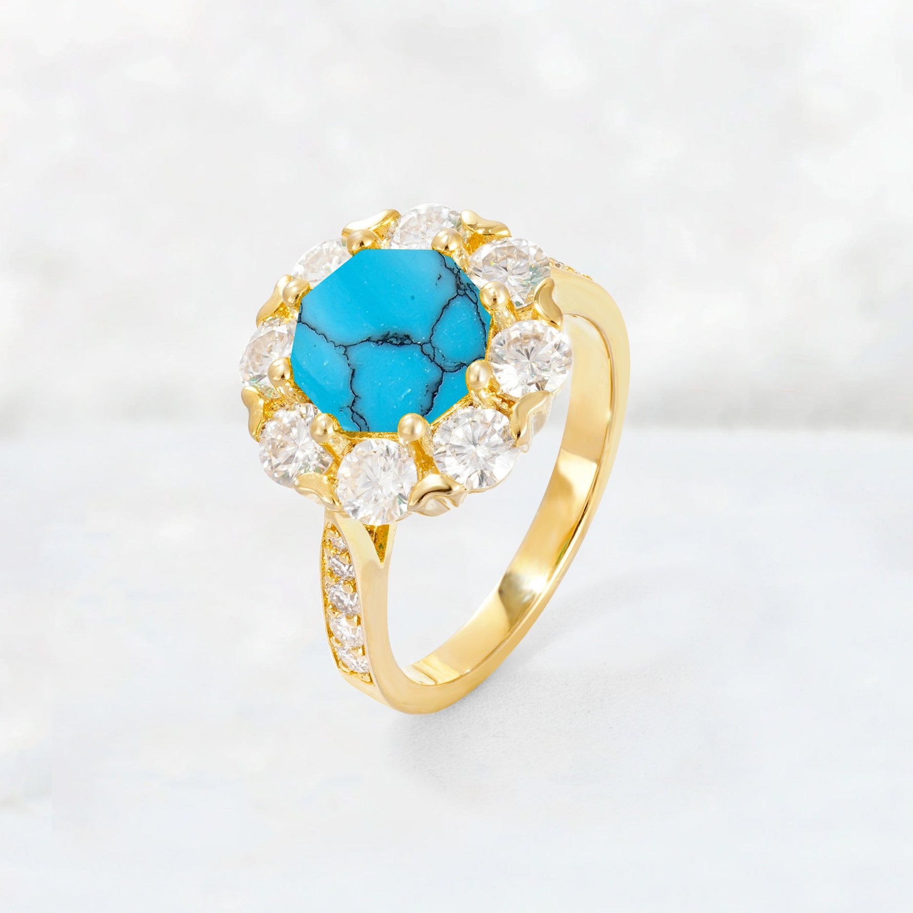 Round Cut Turquoise Floral Halo Engagement Ring - Additional view