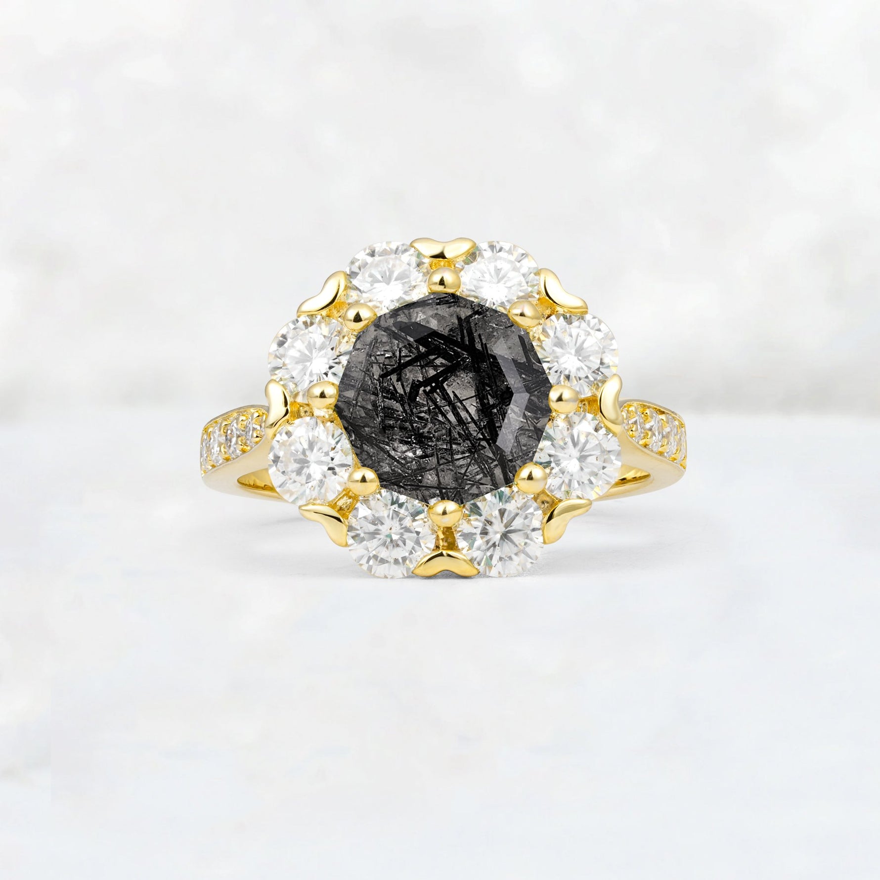 Round Cut Black Rutilated Quartz Floral Halo Engagement Ring - Additional view