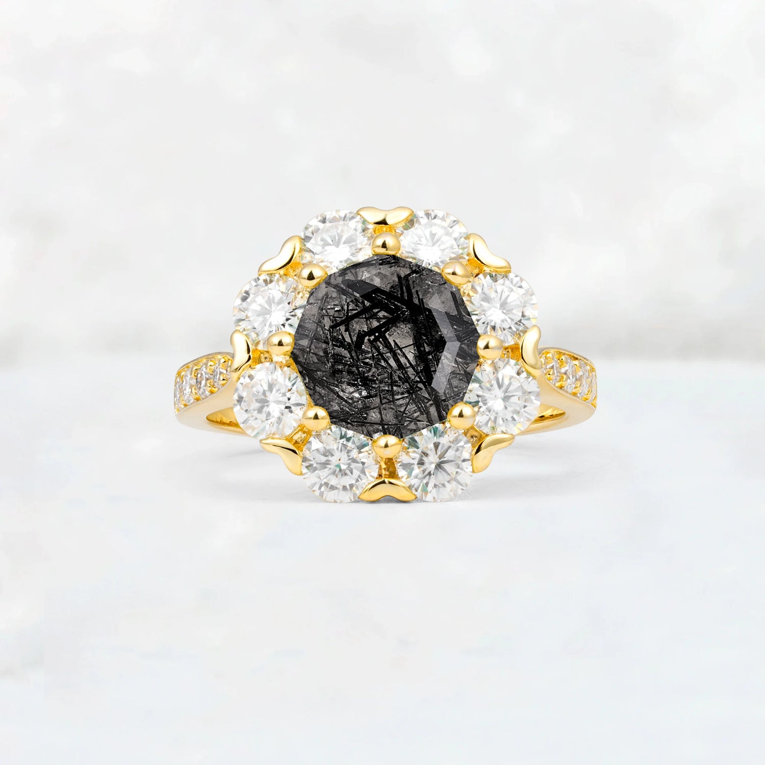 Round Cut Black Rutilated Quartz Floral Halo Engagement Ring