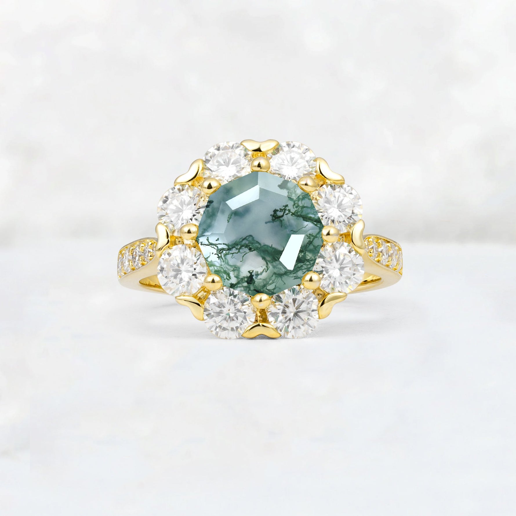 Round Cut Moss Agate Floral Halo Engagement Ring - Additional view