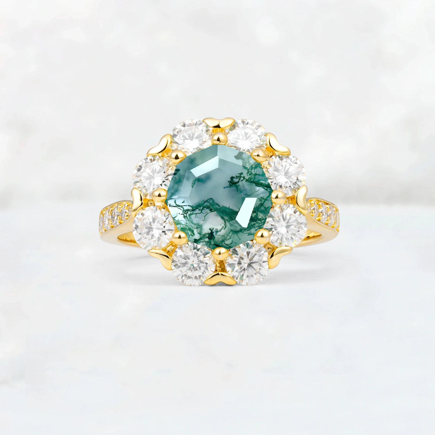 Round Cut Moss Agate Floral Halo Engagement Ring