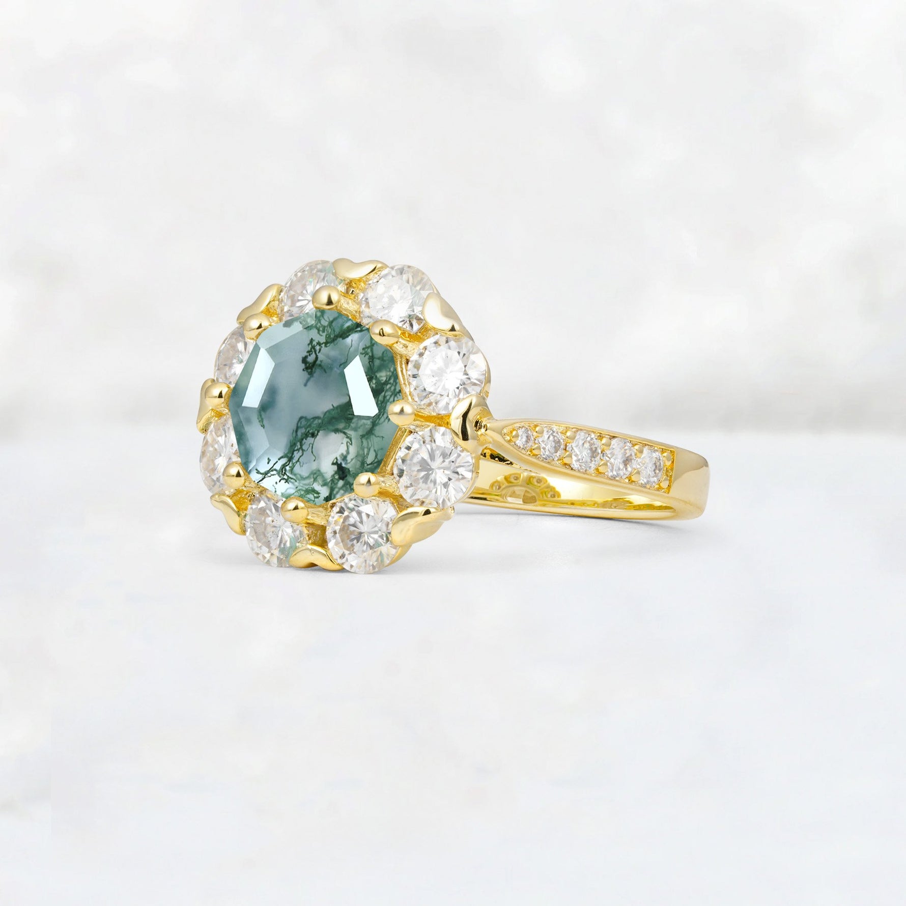 Round Cut Moss Agate Floral Halo Engagement Ring - Additional view