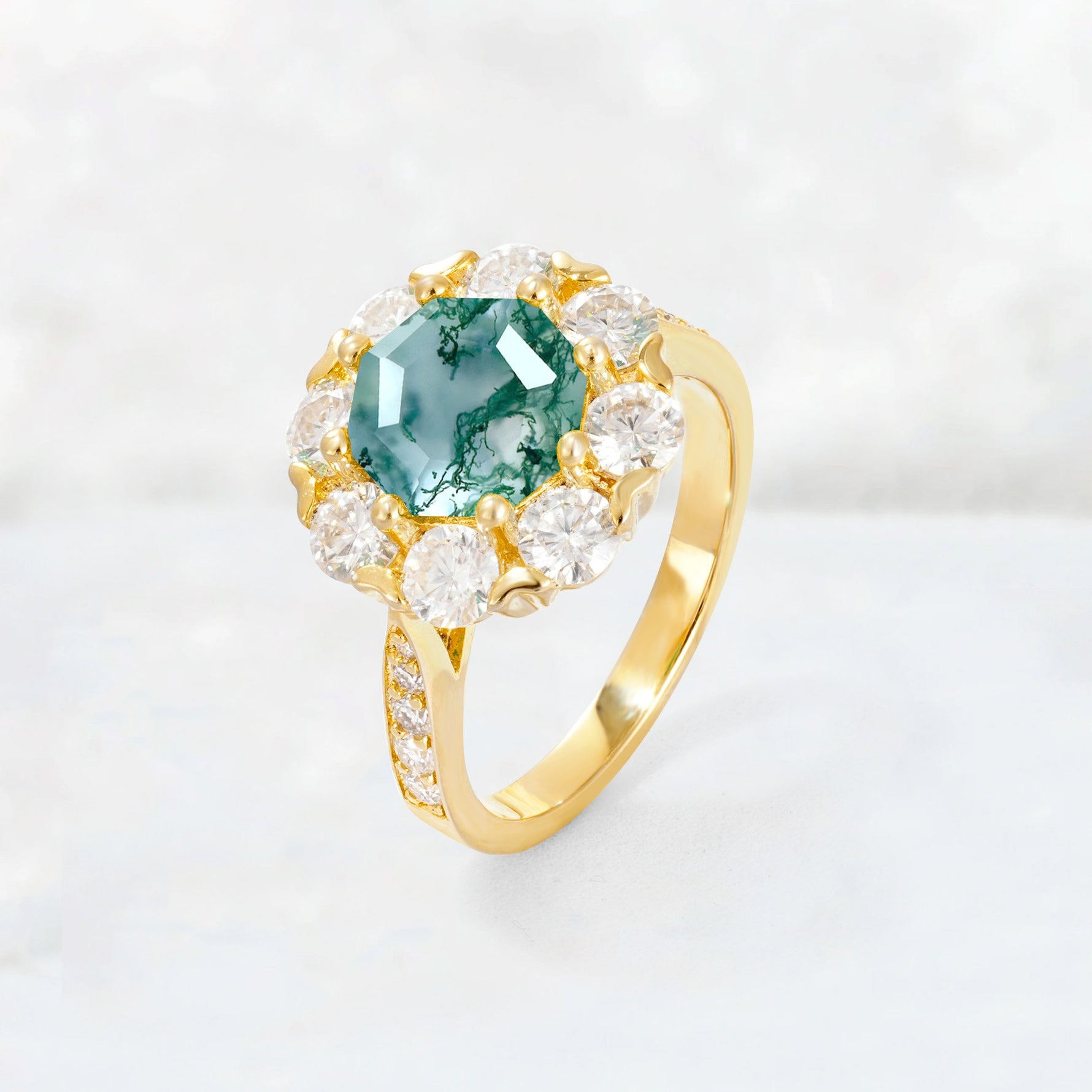 Round Cut Moss Agate Floral Halo Engagement Ring - Additional view