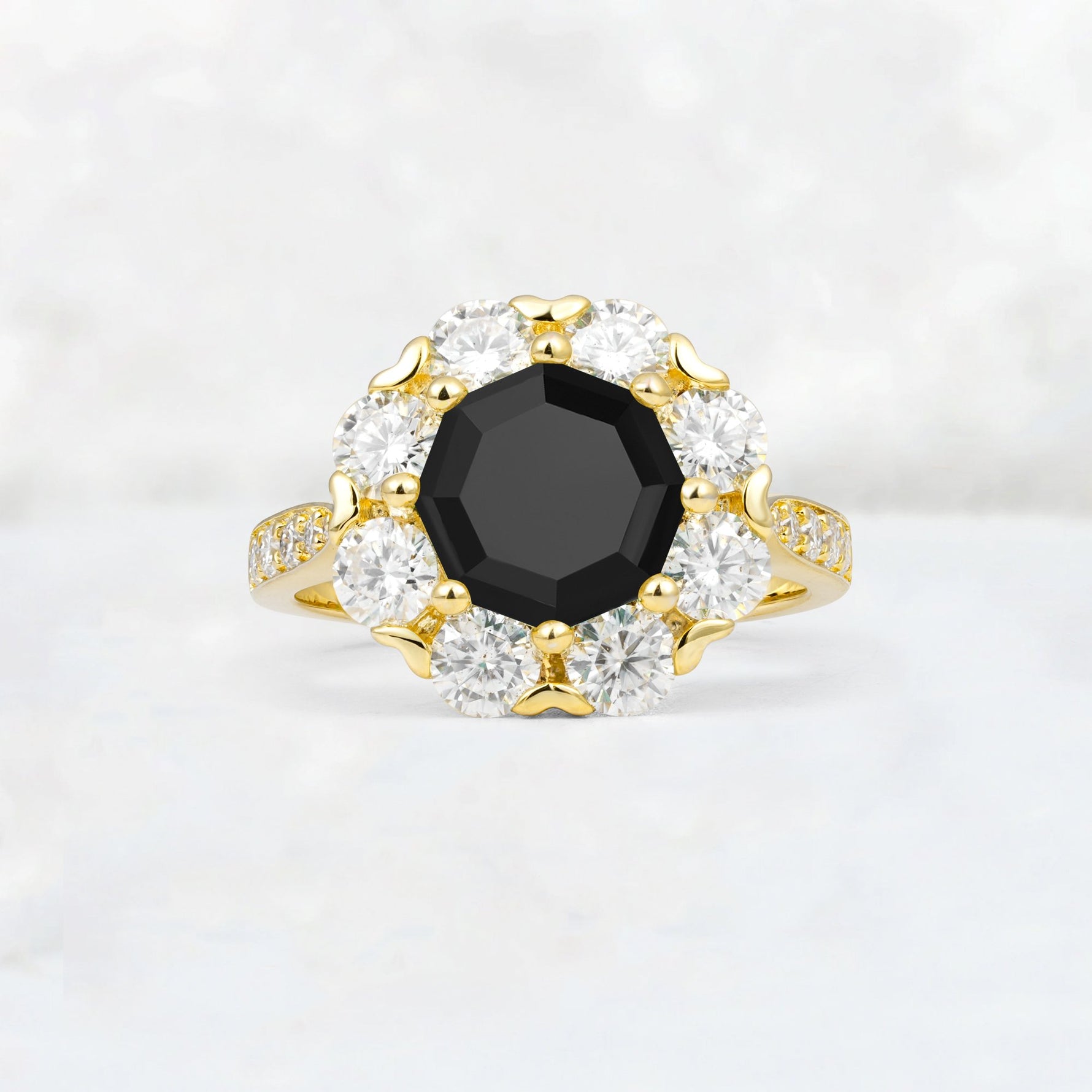Round Cut Black Onyx Floral Halo Engagement Ring - Additional view