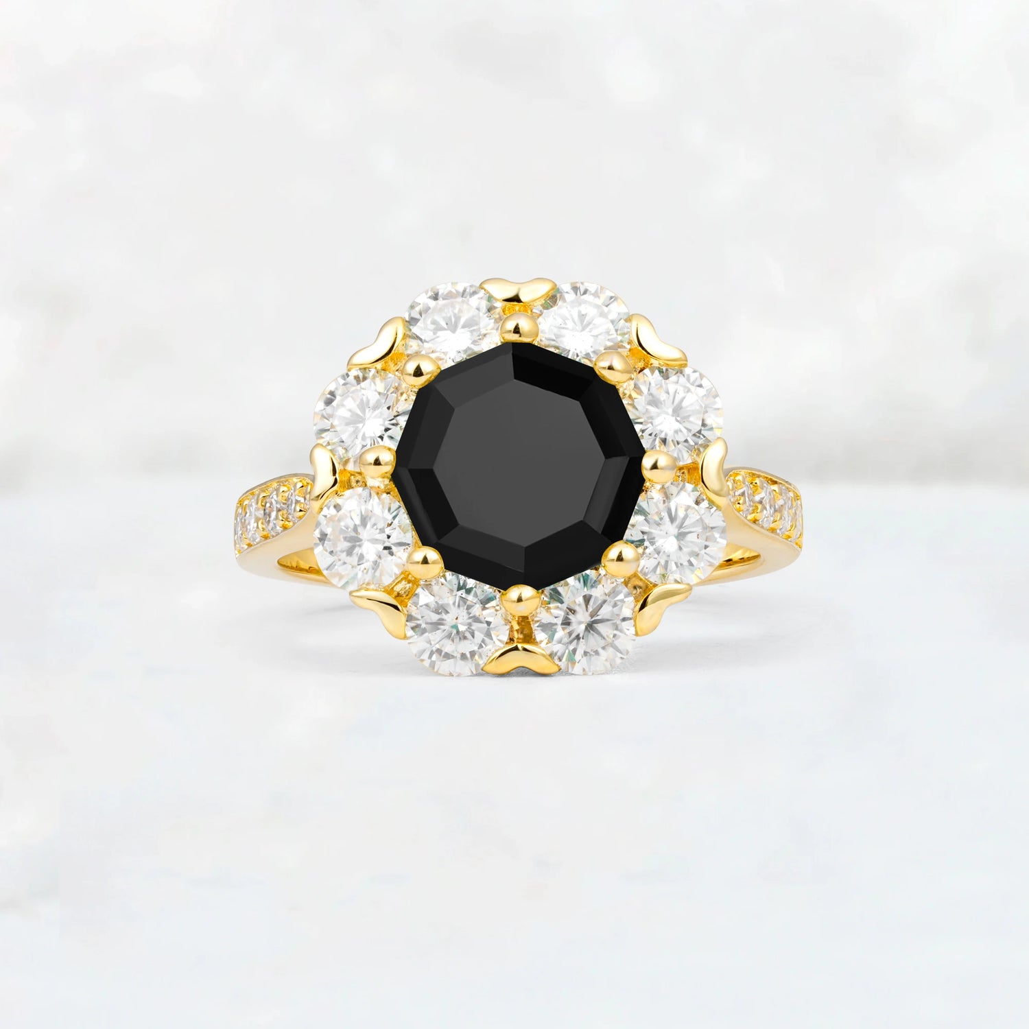 Round Cut Black Onyx Floral Halo Engagement Ring