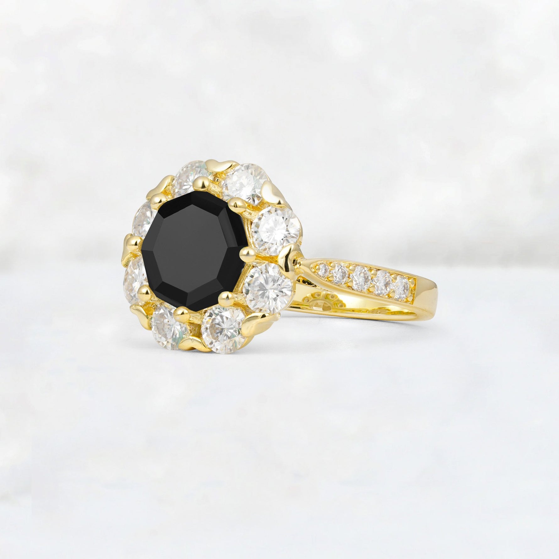 Round Cut Black Onyx Floral Halo Engagement Ring - Additional view