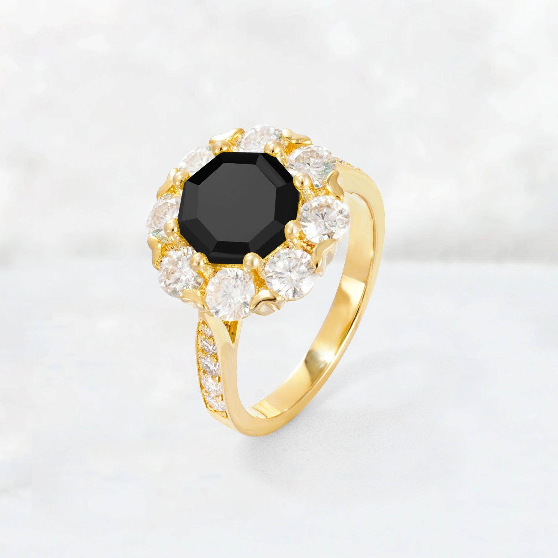 Round Cut Black Onyx Floral Halo Engagement Ring - Additional view
