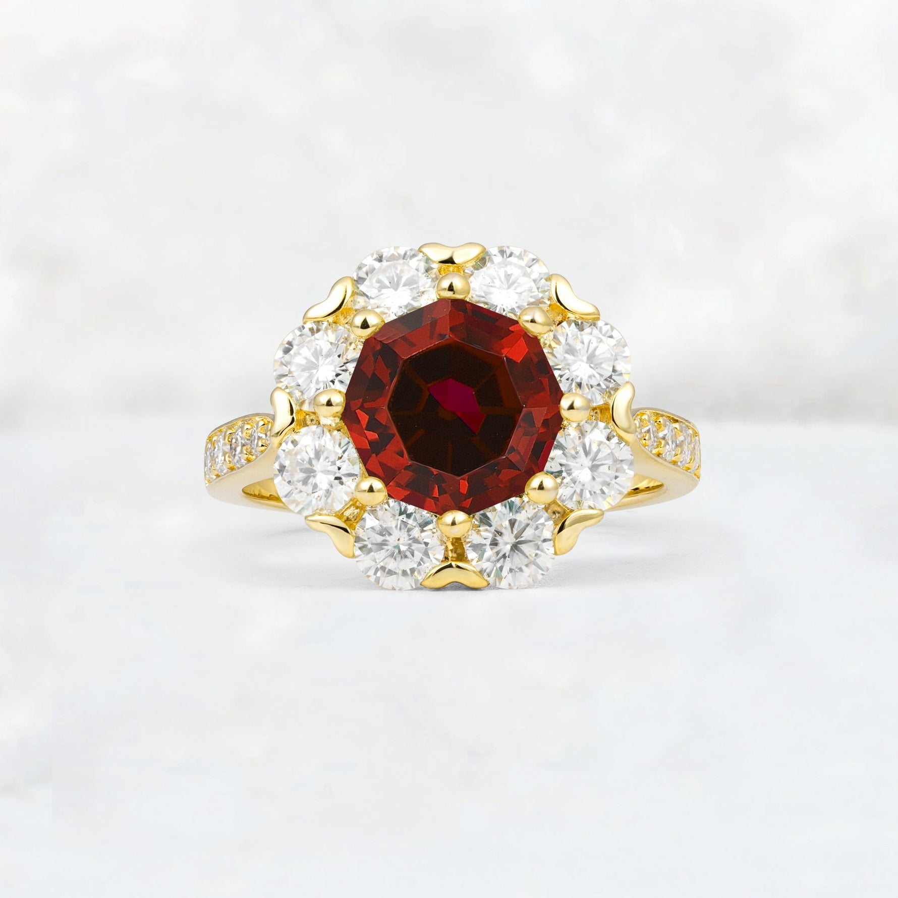Round Cut Garnet Floral Halo Engagement Ring - Additional view