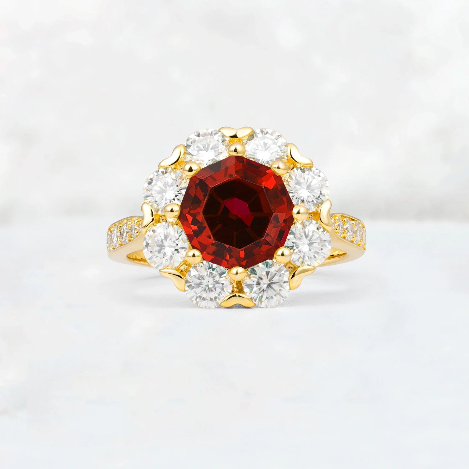 Round Cut Garnet Floral Halo Engagement Ring