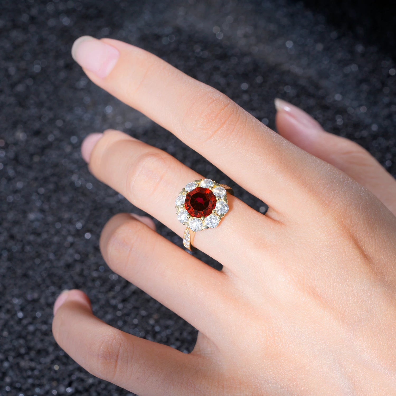 Round Cut Garnet Floral Halo Engagement Ring