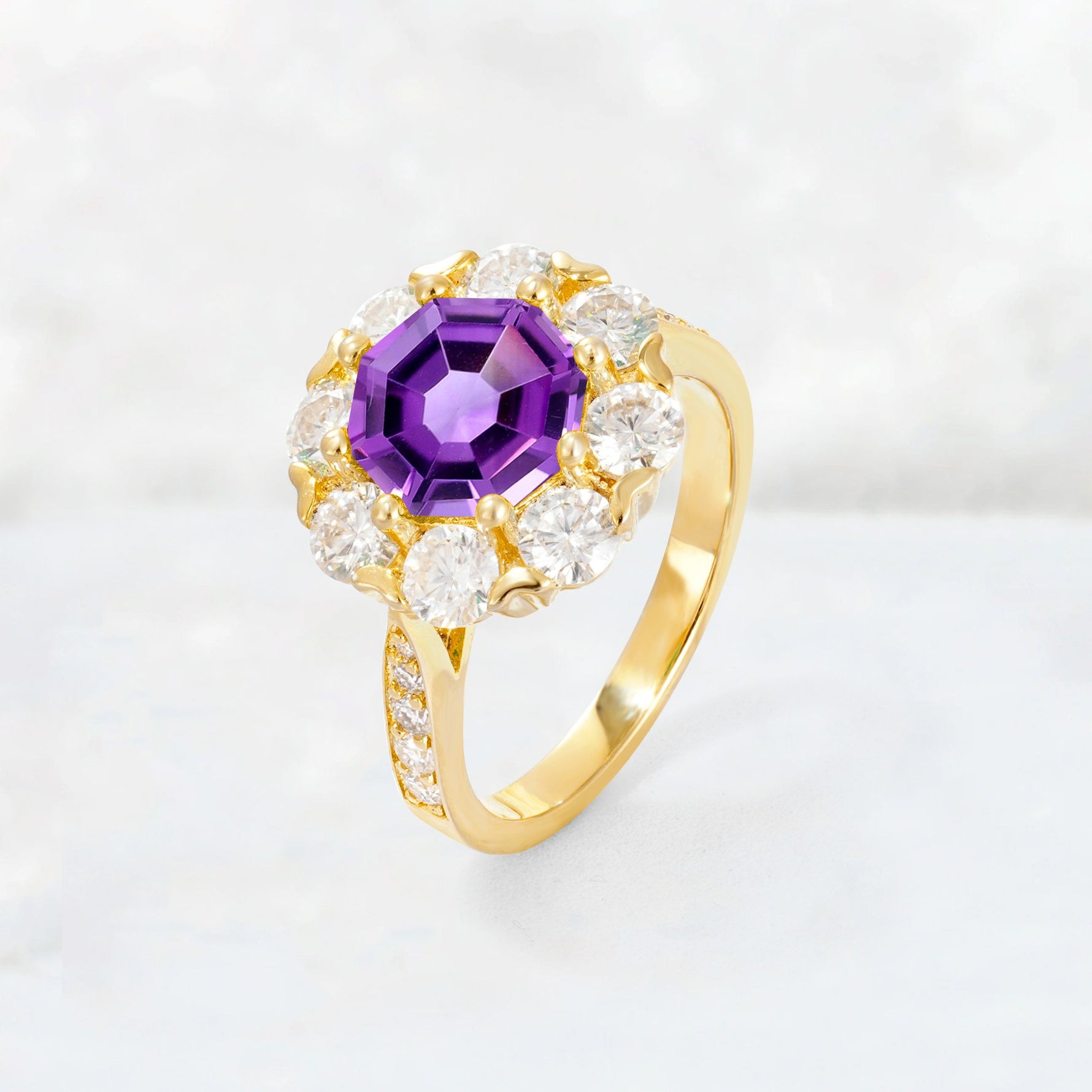 Round Cut Amethyst Floral Halo Engagement Ring - Additional view