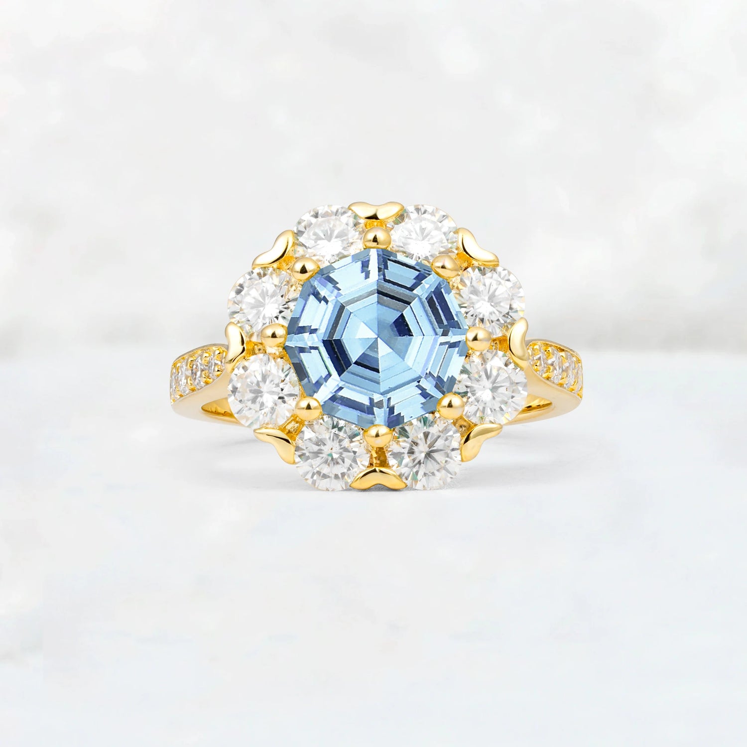 Round Cut Aquamarine Floral Halo Engagement Ring