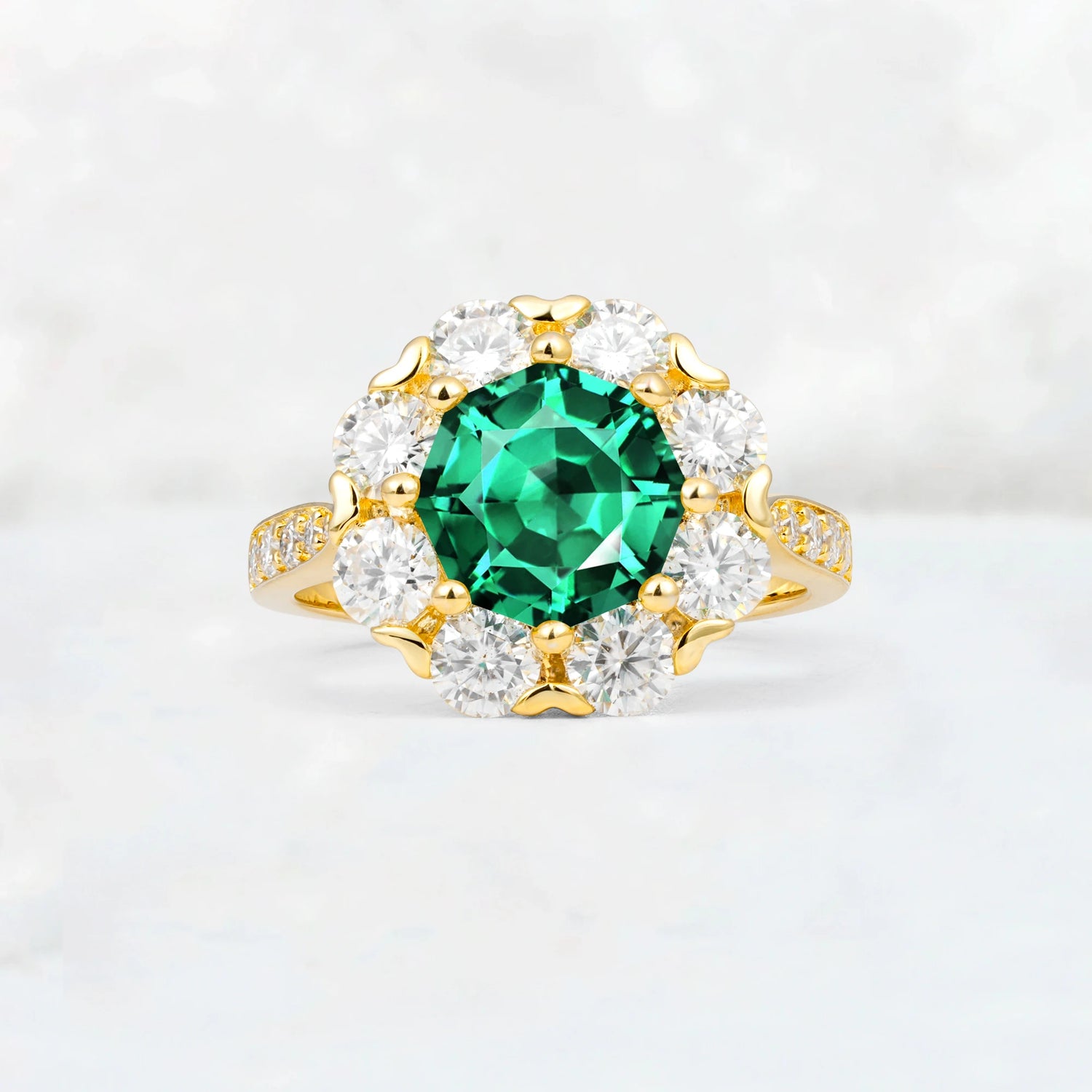 Round Cut Emerald Floral Halo Engagement Ring