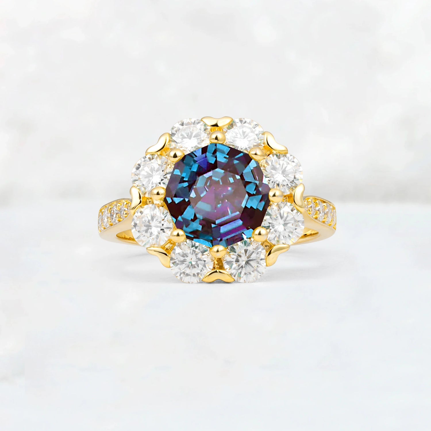 Round Cut Alexandrite Floral Halo Engagement Ring