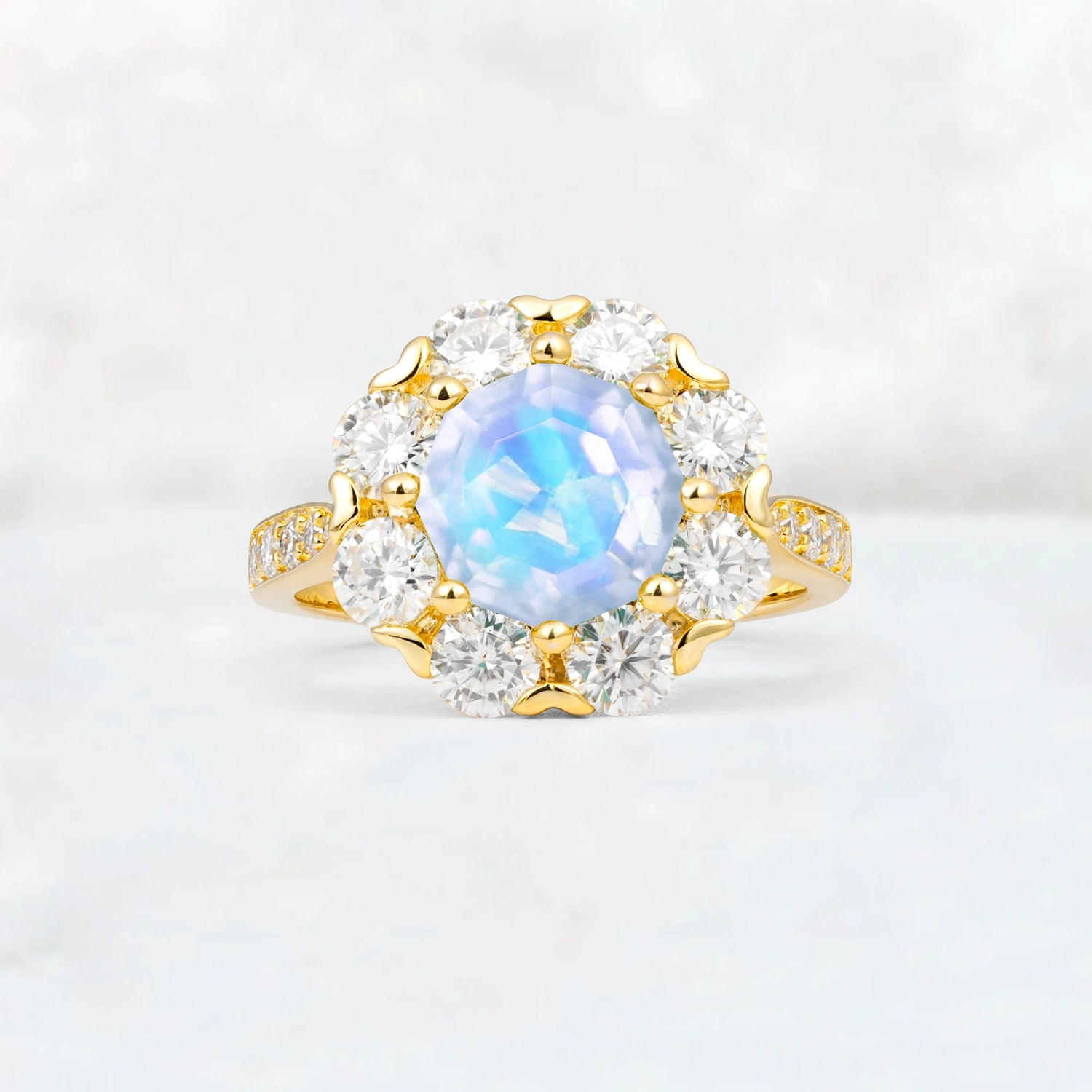 Round Cut Moonstone Floral Halo Engagement Ring