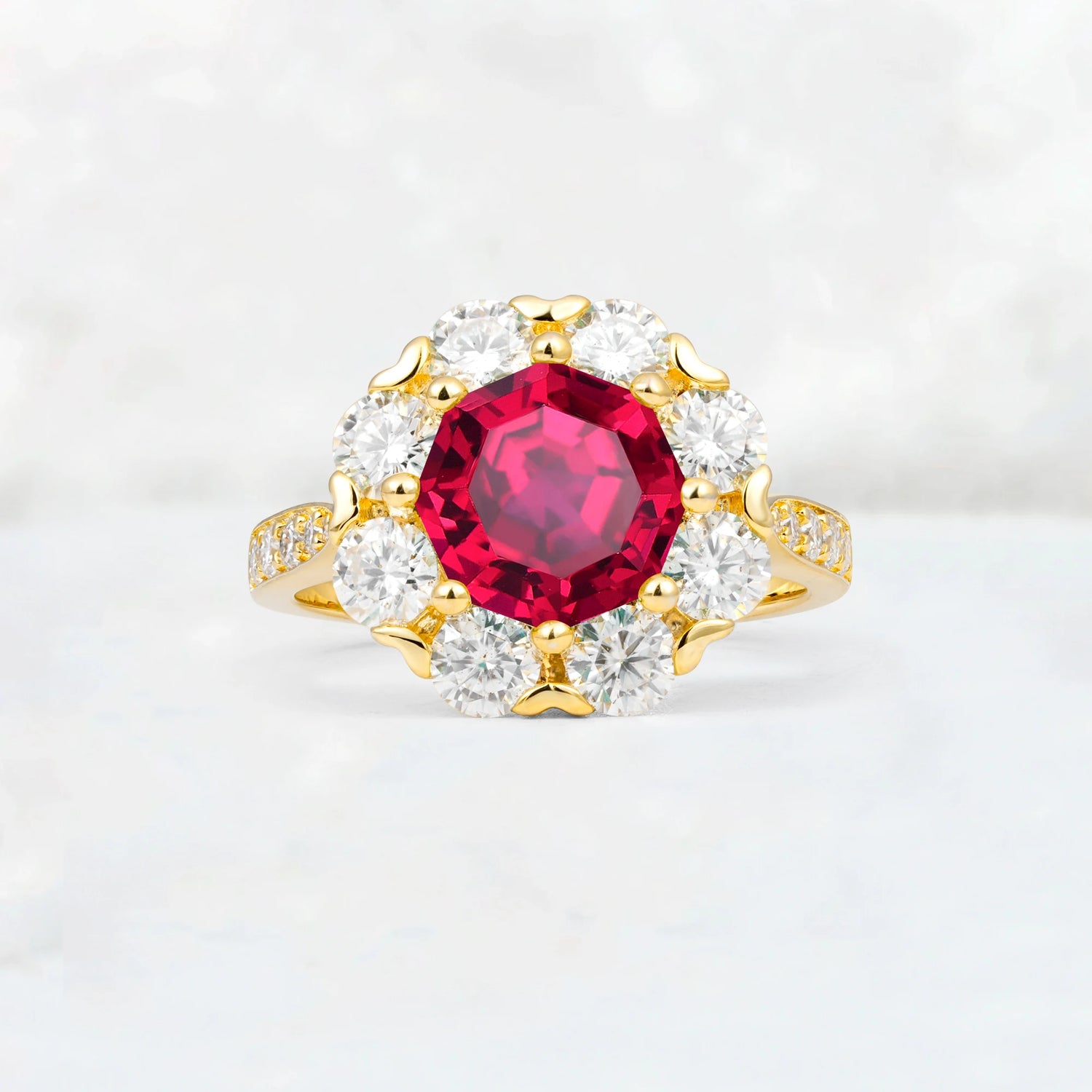 Round Cut Ruby Floral Halo Engagement Ring