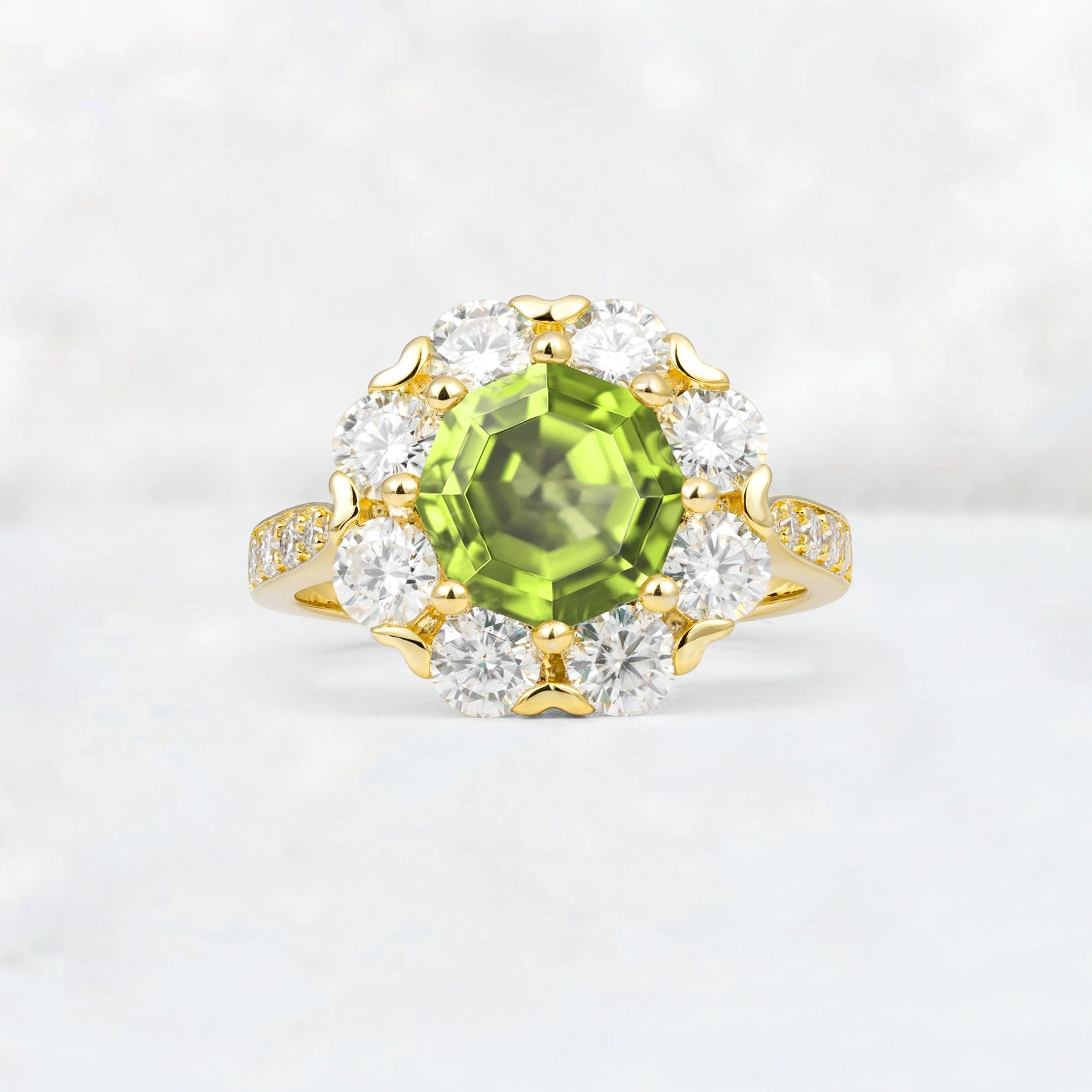Round Cut Peridot Floral Halo Engagement Ring - Additional view