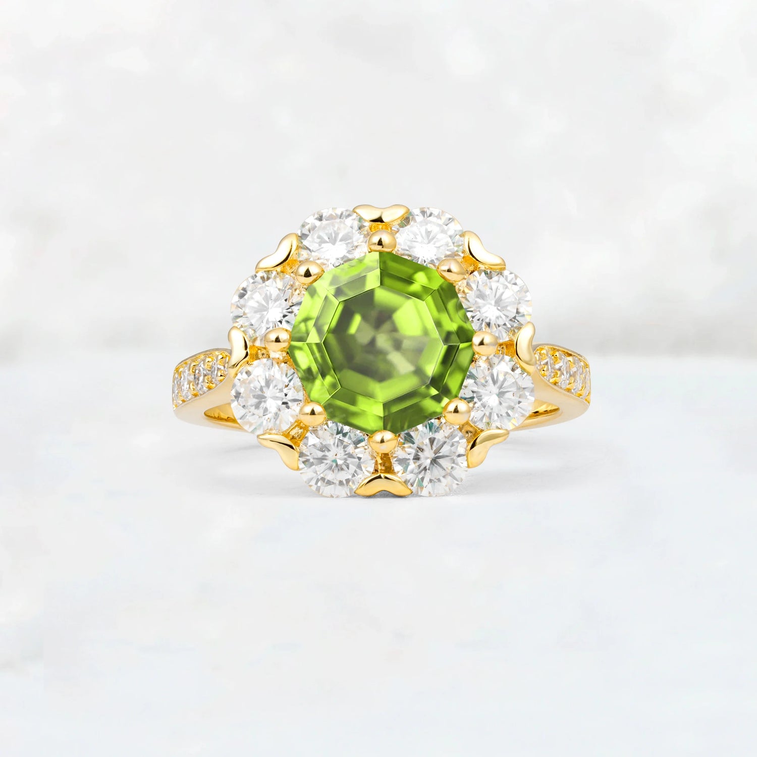 Round Cut Peridot Floral Halo Engagement Ring