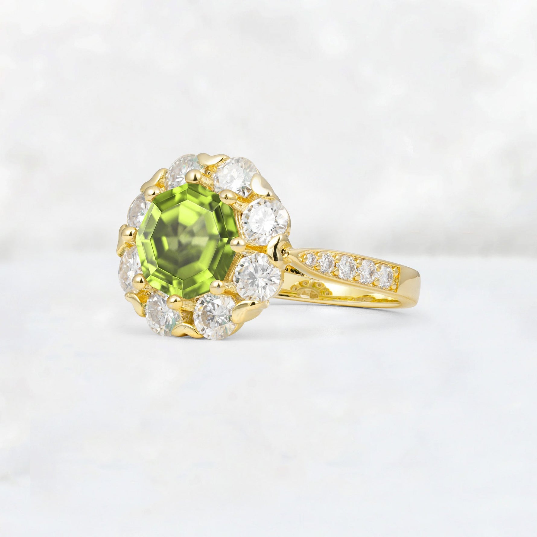 Round Cut Peridot Floral Halo Engagement Ring - Additional view