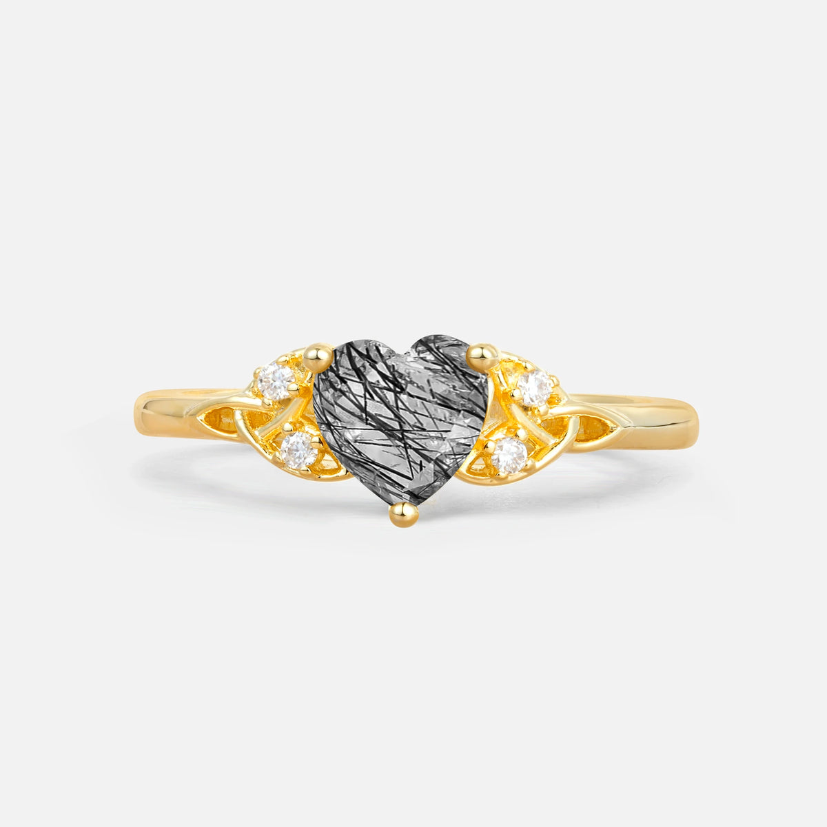 Vintage Heart-Shaped Black Rutilated Quartz Ring with Side Stone