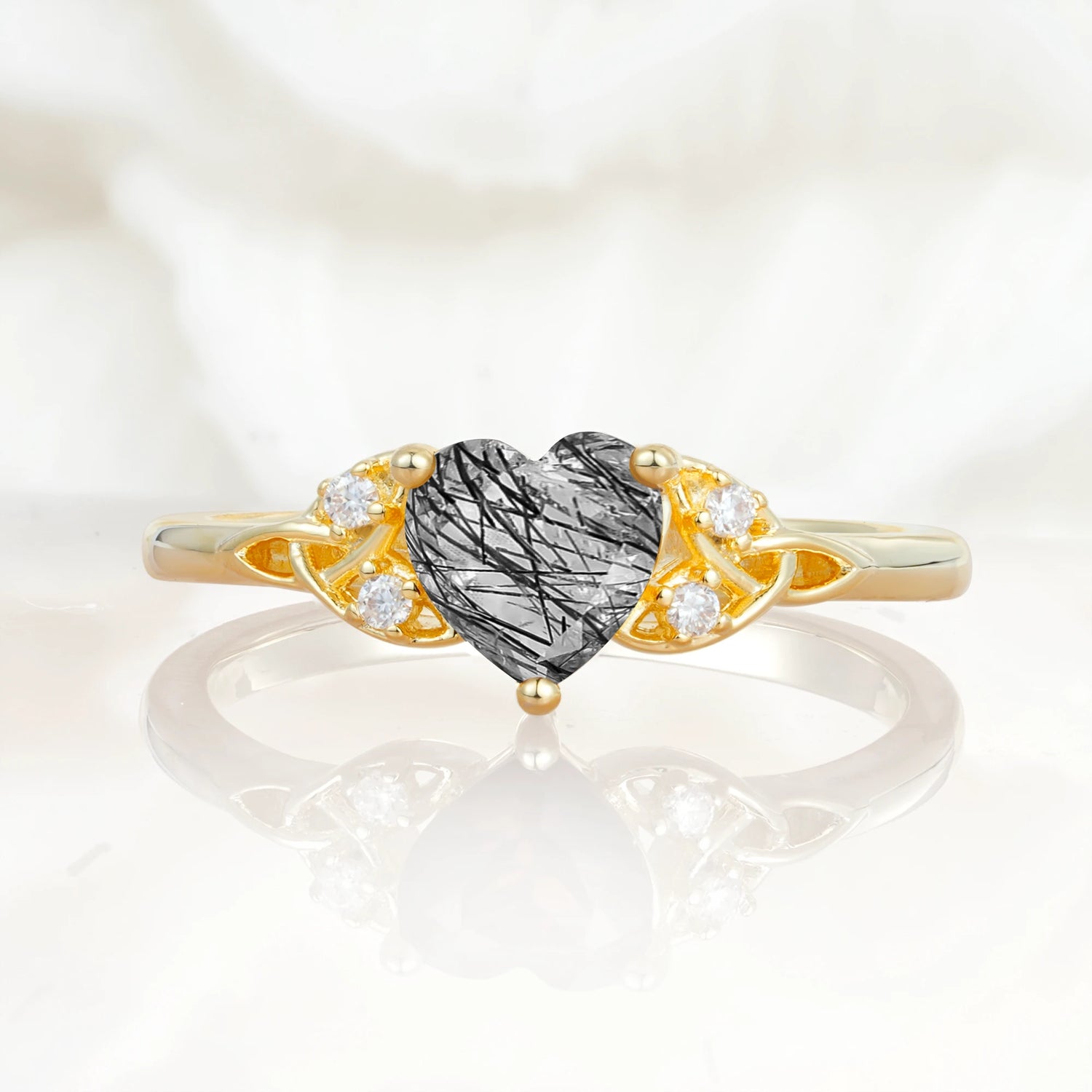 Vintage Heart-Shaped Black Rutilated Quartz Ring with Side Stone