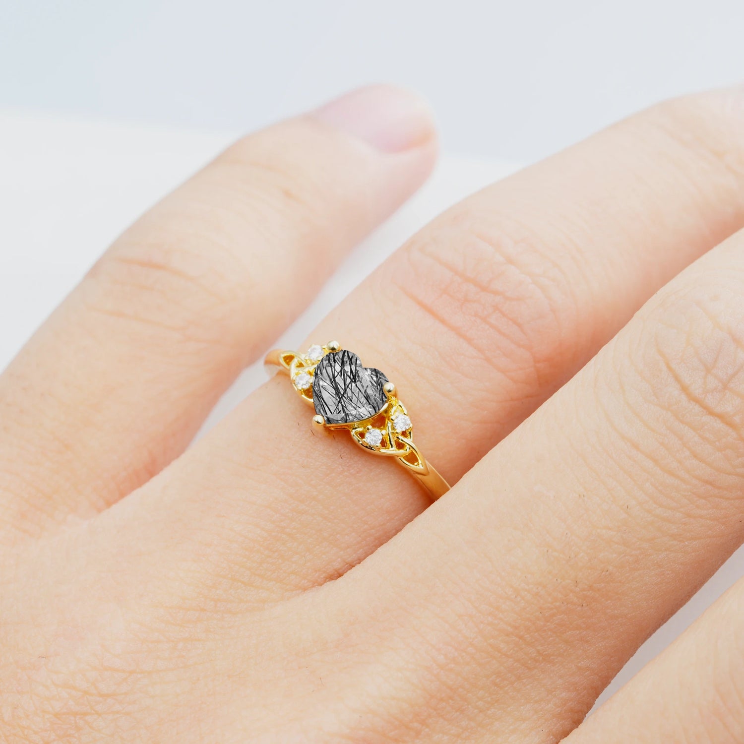 Vintage Heart-Shaped Black Rutilated Quartz Ring with Side Stone