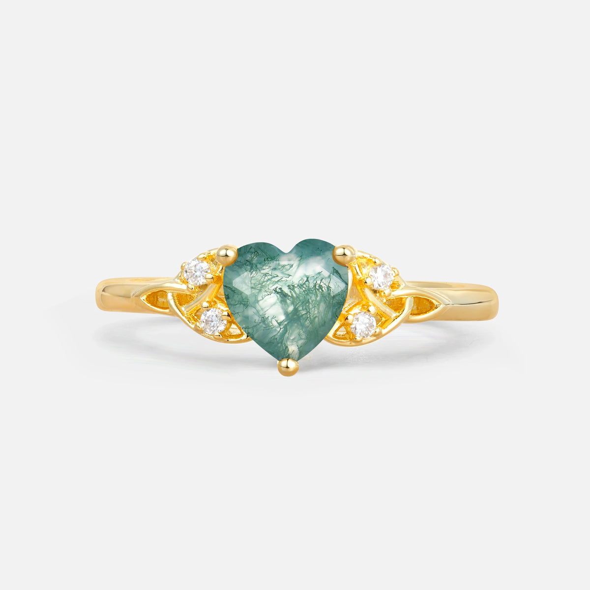 Vintage Heart-Shaped Moss Agate Ring with Side Stone