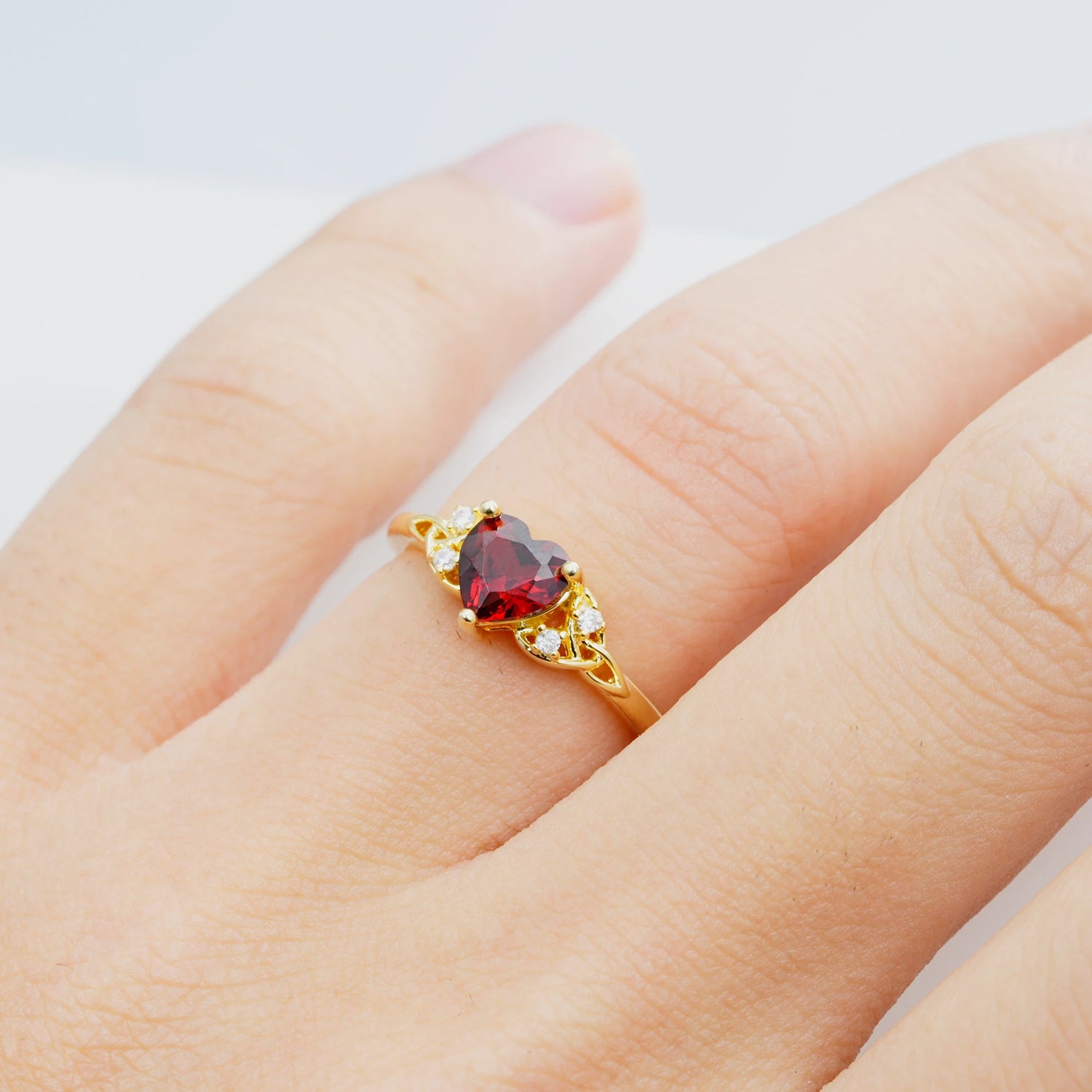 Vintage Heart-Shaped Garnet Ring with Side Stone