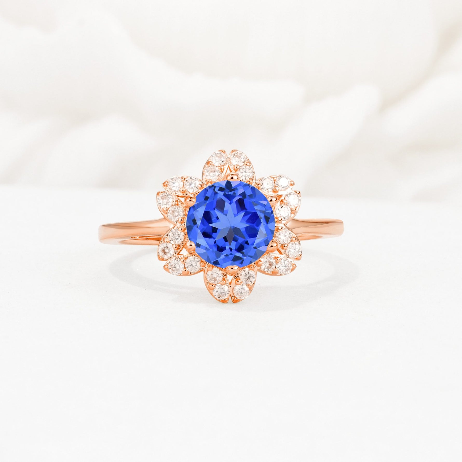 Round Cut Sapphire Floral Cluster Halo Engagement Ring - Additional view